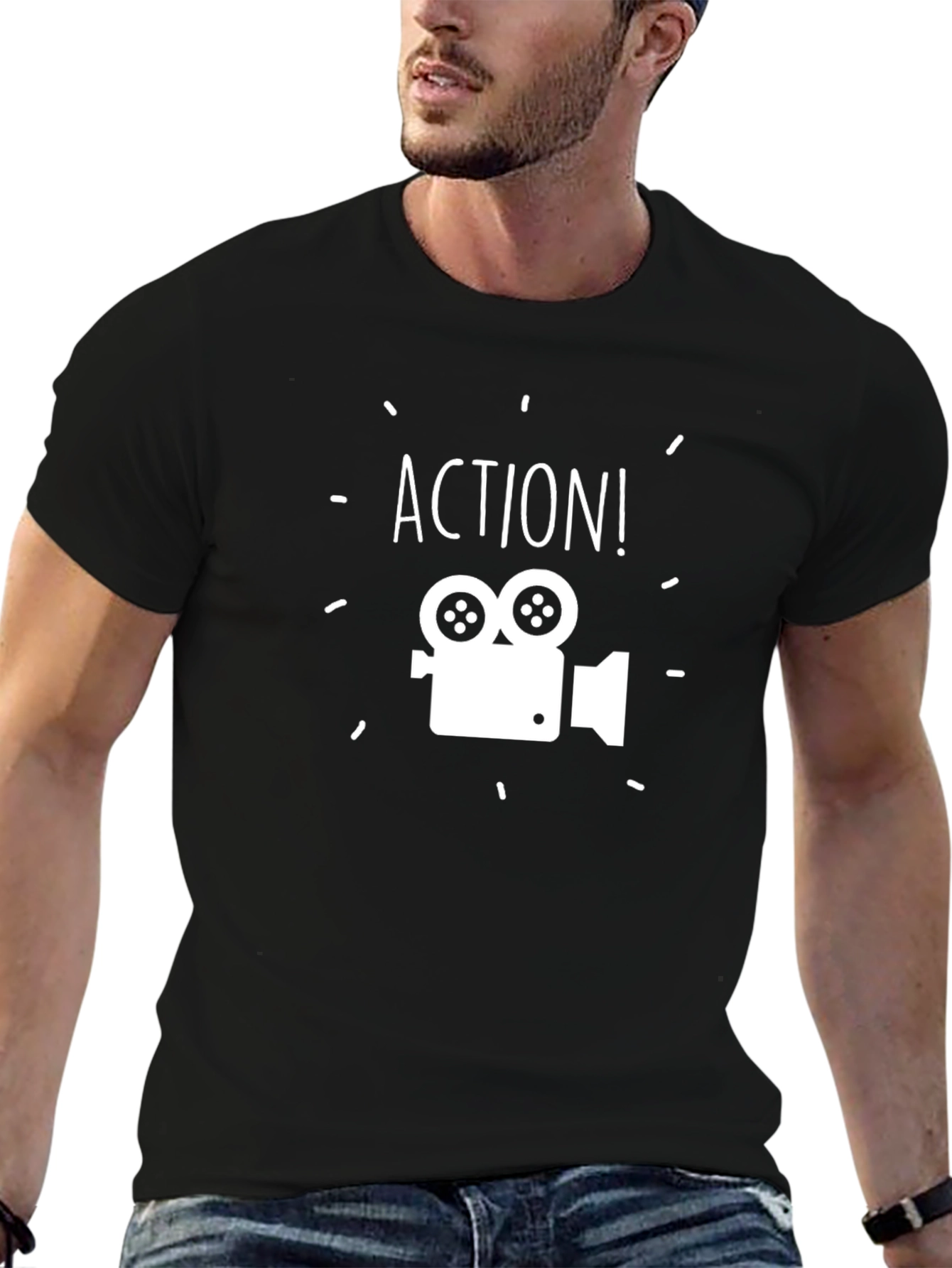 Action! Movie Camera Graphic Tee - Black Cotton Blend
