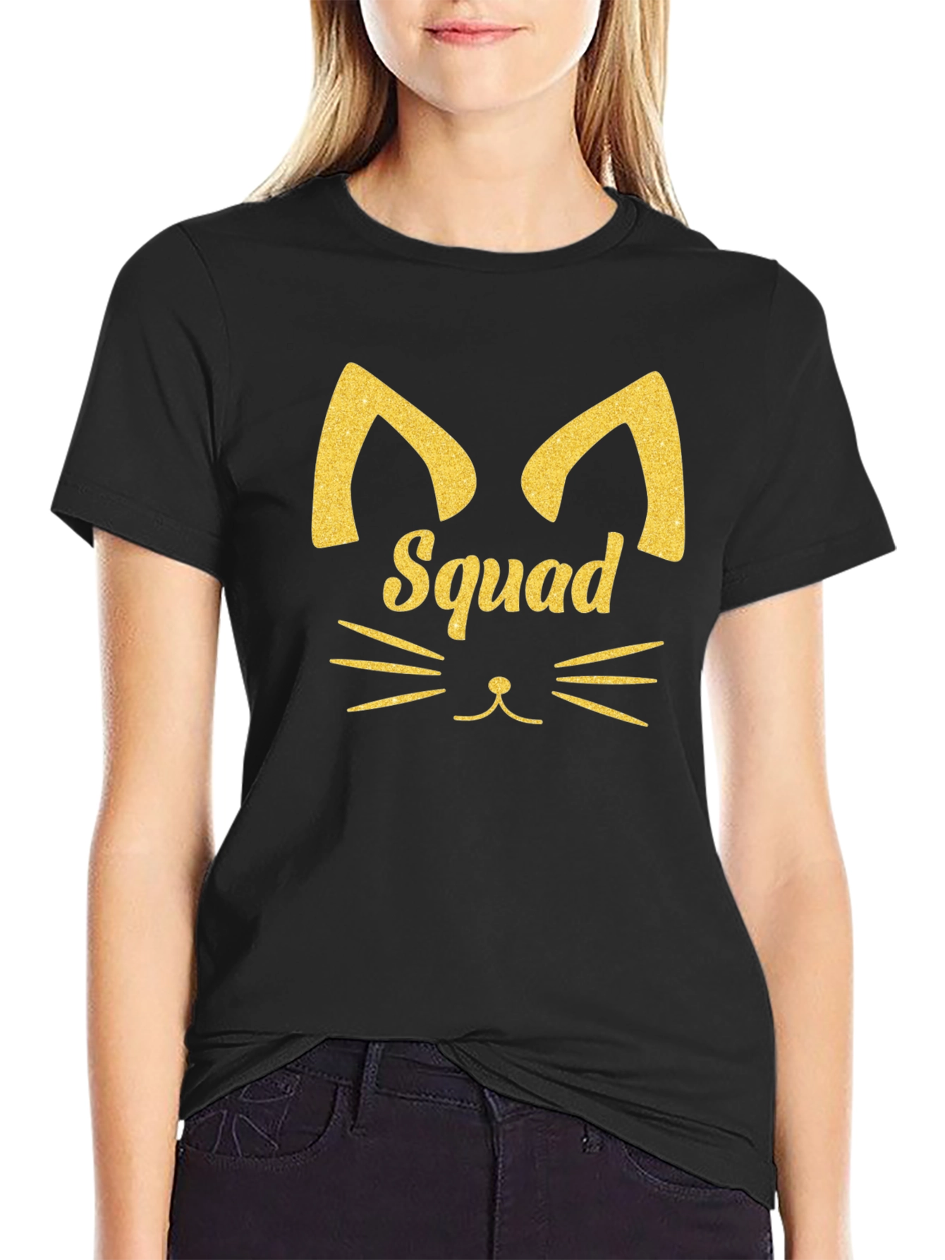 Squad Goals Cat Tee - Black Cotton Crew Neck