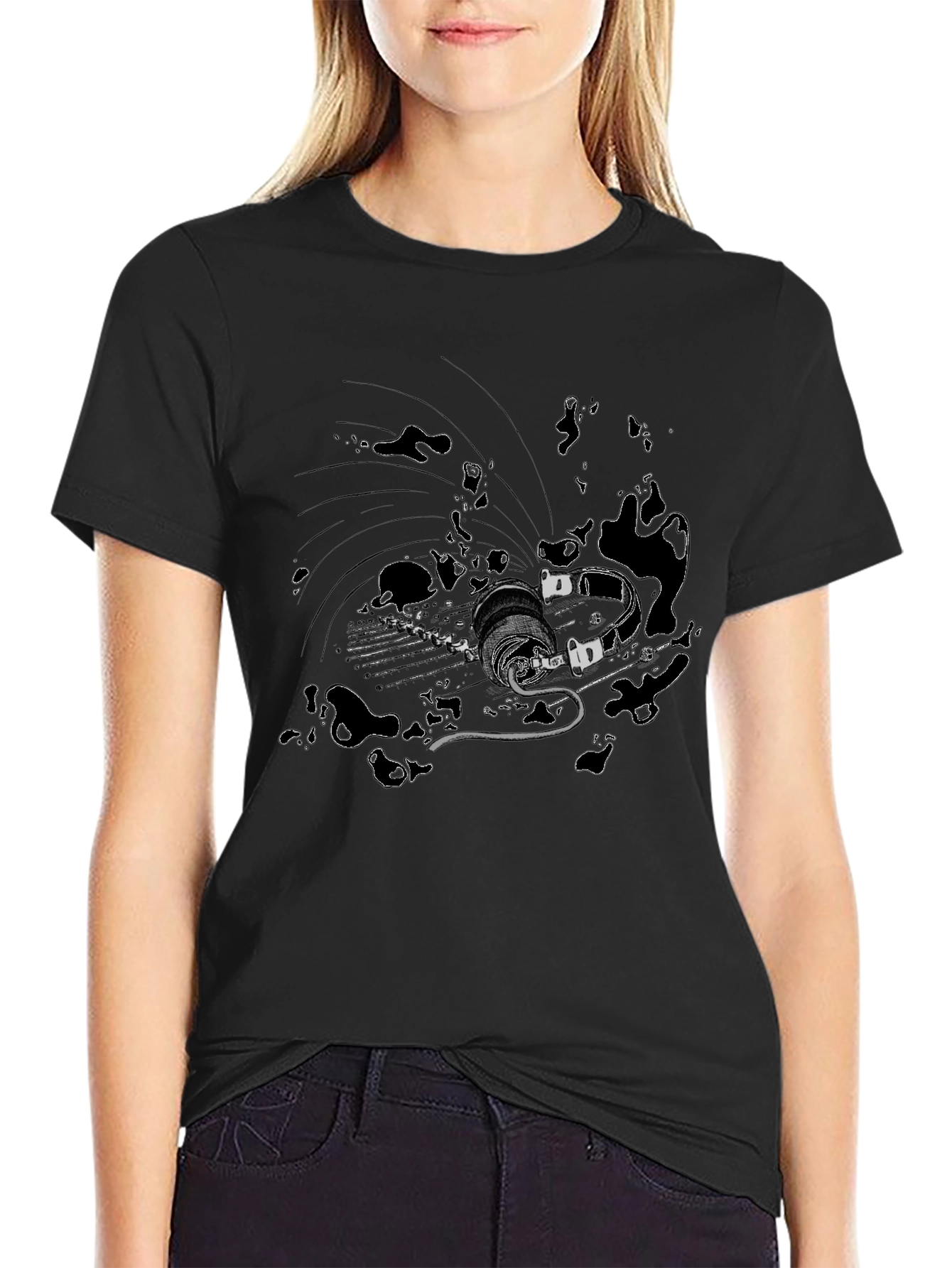 Black T-Shirt with Abstract Sci-Fi Print