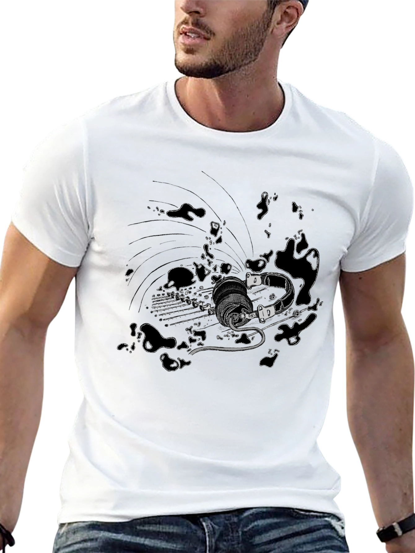 Black T-Shirt with Abstract Sci-Fi Print