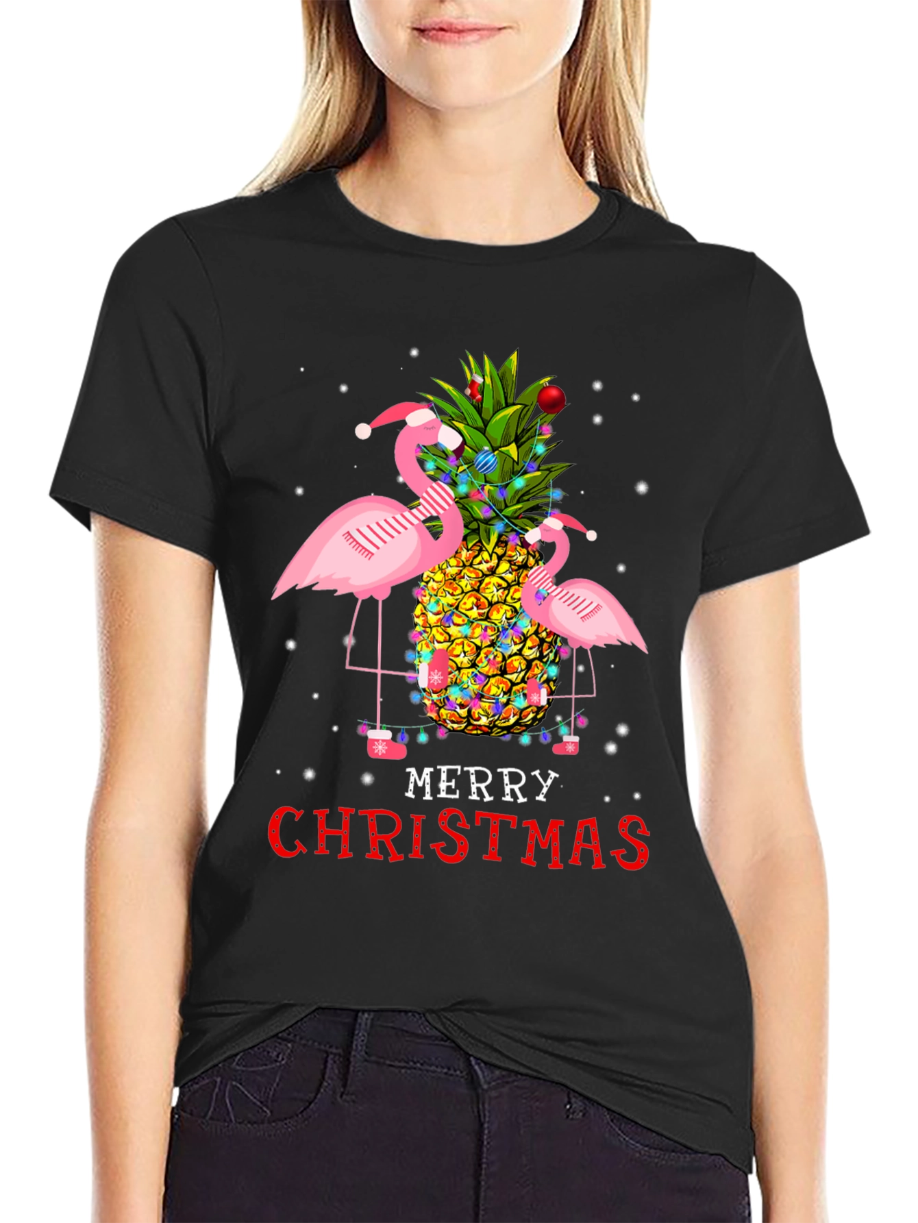 Flamingo Pineapple Merry Christmas Graphic Tee