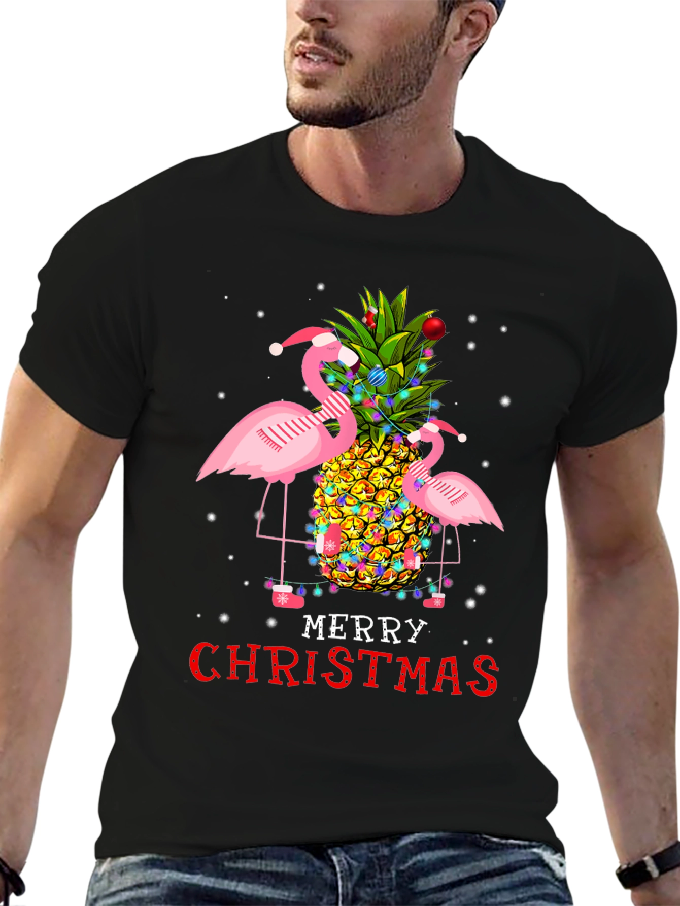 Flamingo Pineapple Merry Christmas Graphic Tee