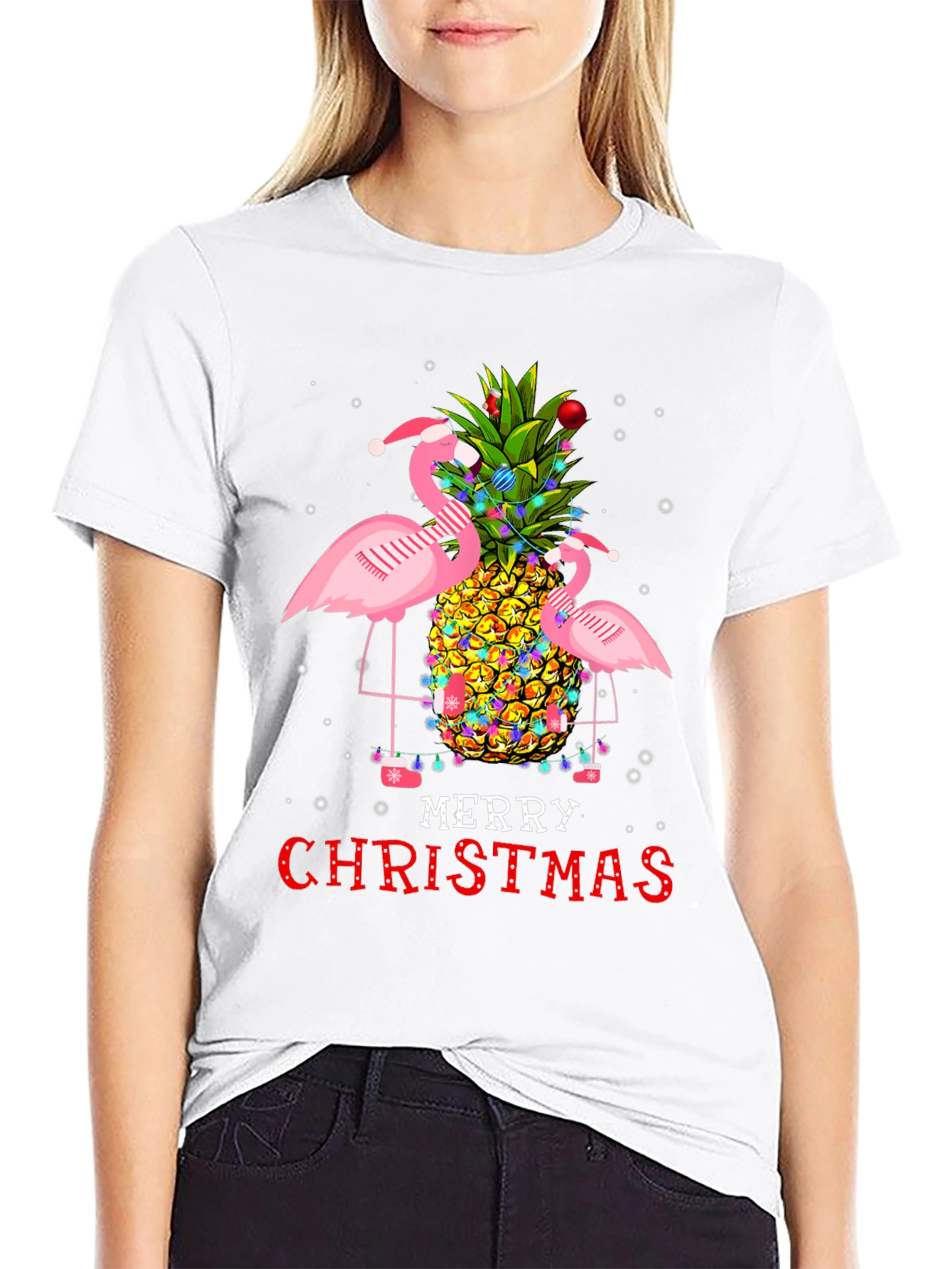 Flamingo Pineapple Merry Christmas Graphic Tee