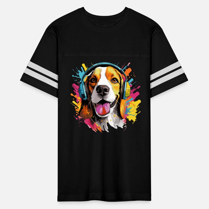 Colorful beagle with headphones splashes of paint