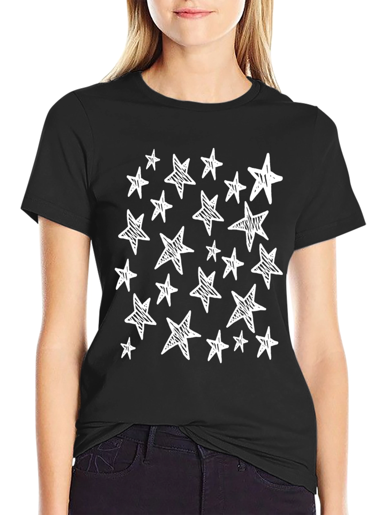 Starry Night Tee: Black Cotton Star Print Casual T-Shirt