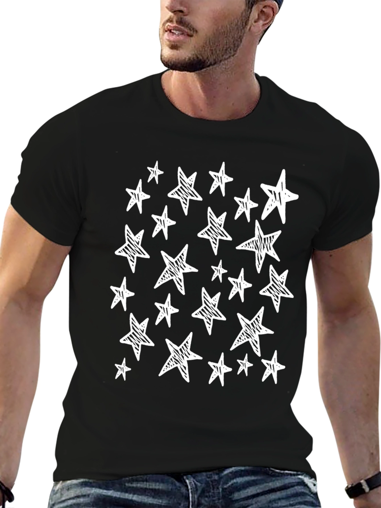 Starry Night Tee: Black Cotton Star Print Casual T-Shirt