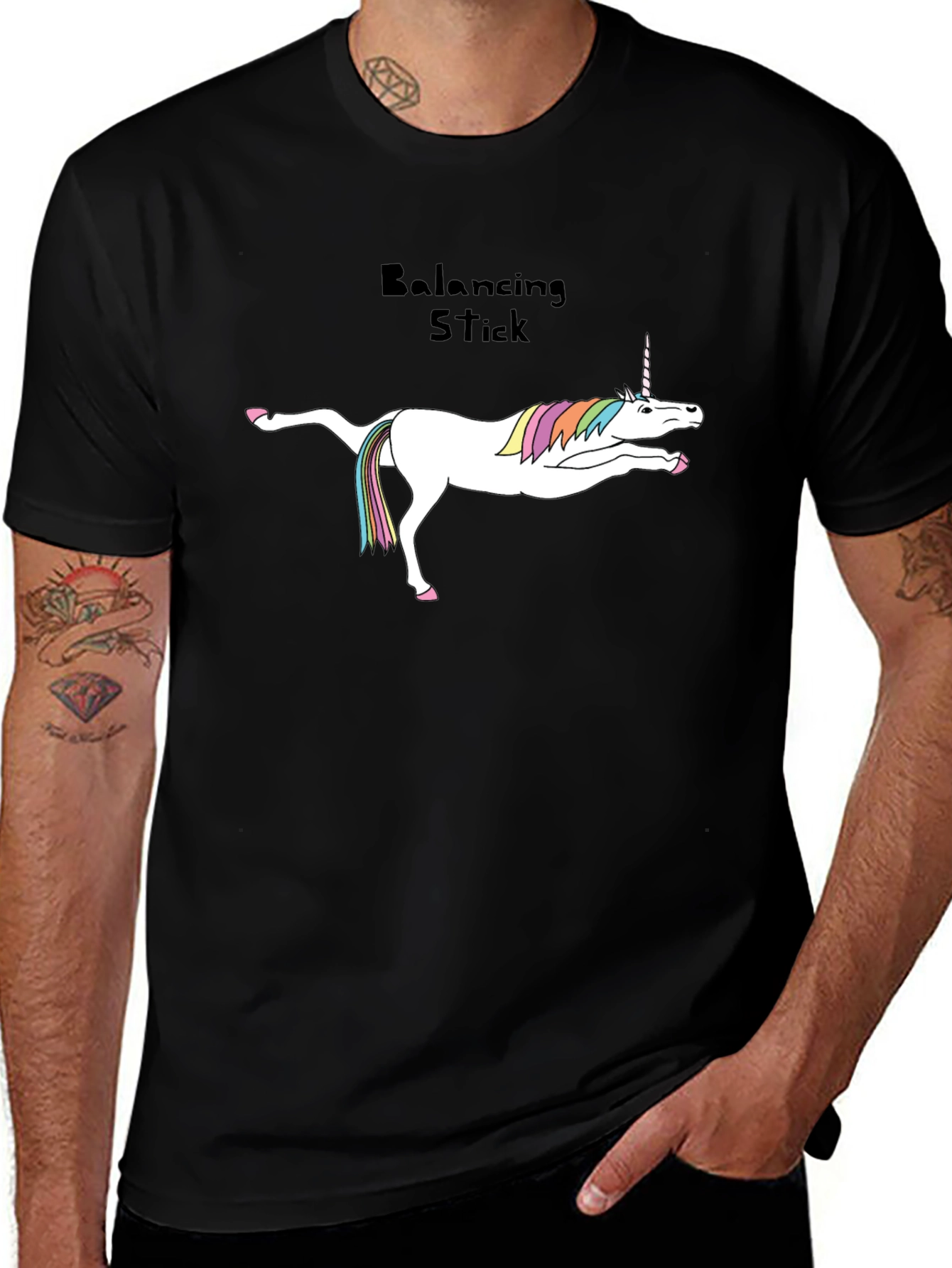 Unicorn Balancing Stick Black T-Shirt