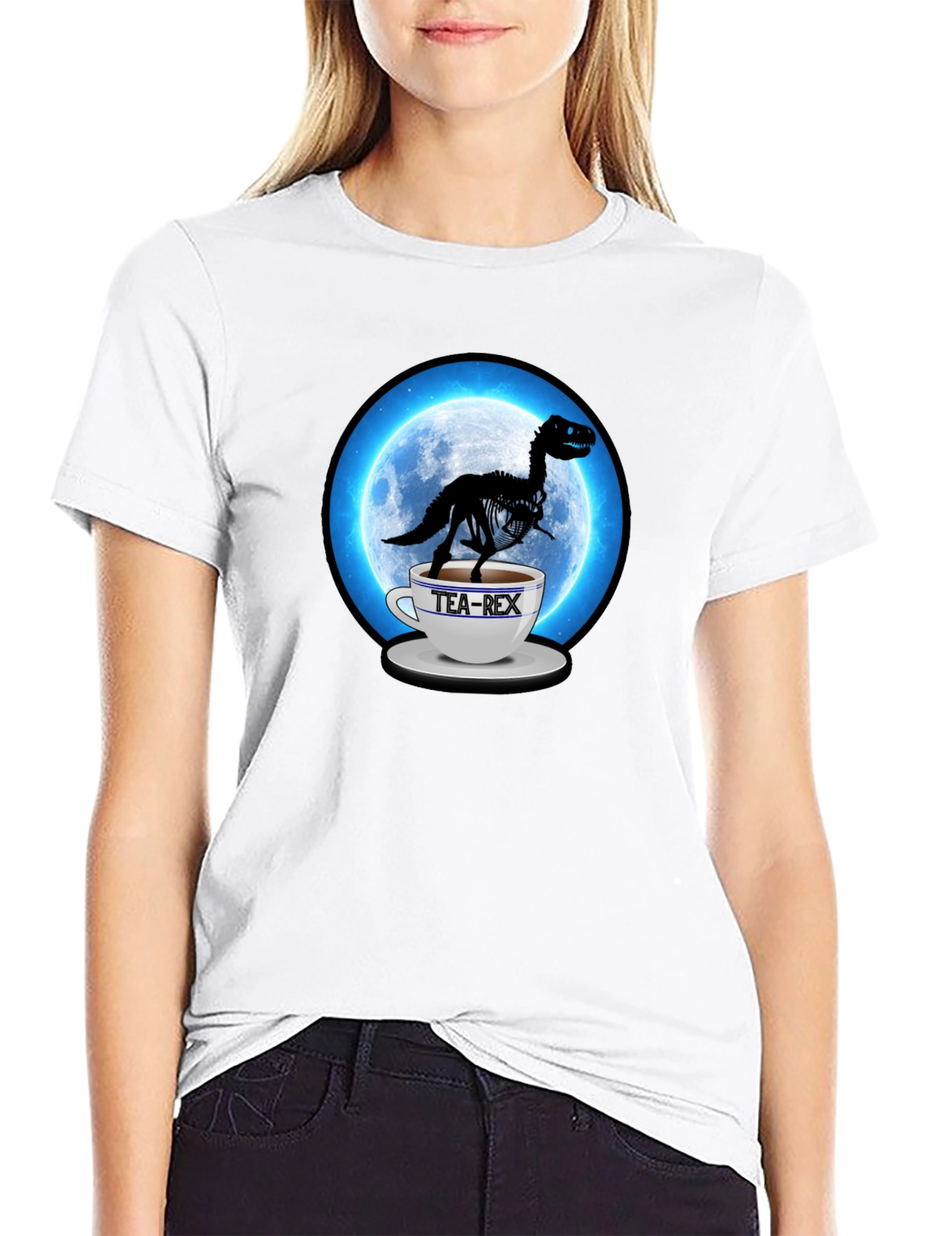 Tea-Rex Black T-Shirt - Dinosaur in a Teacup