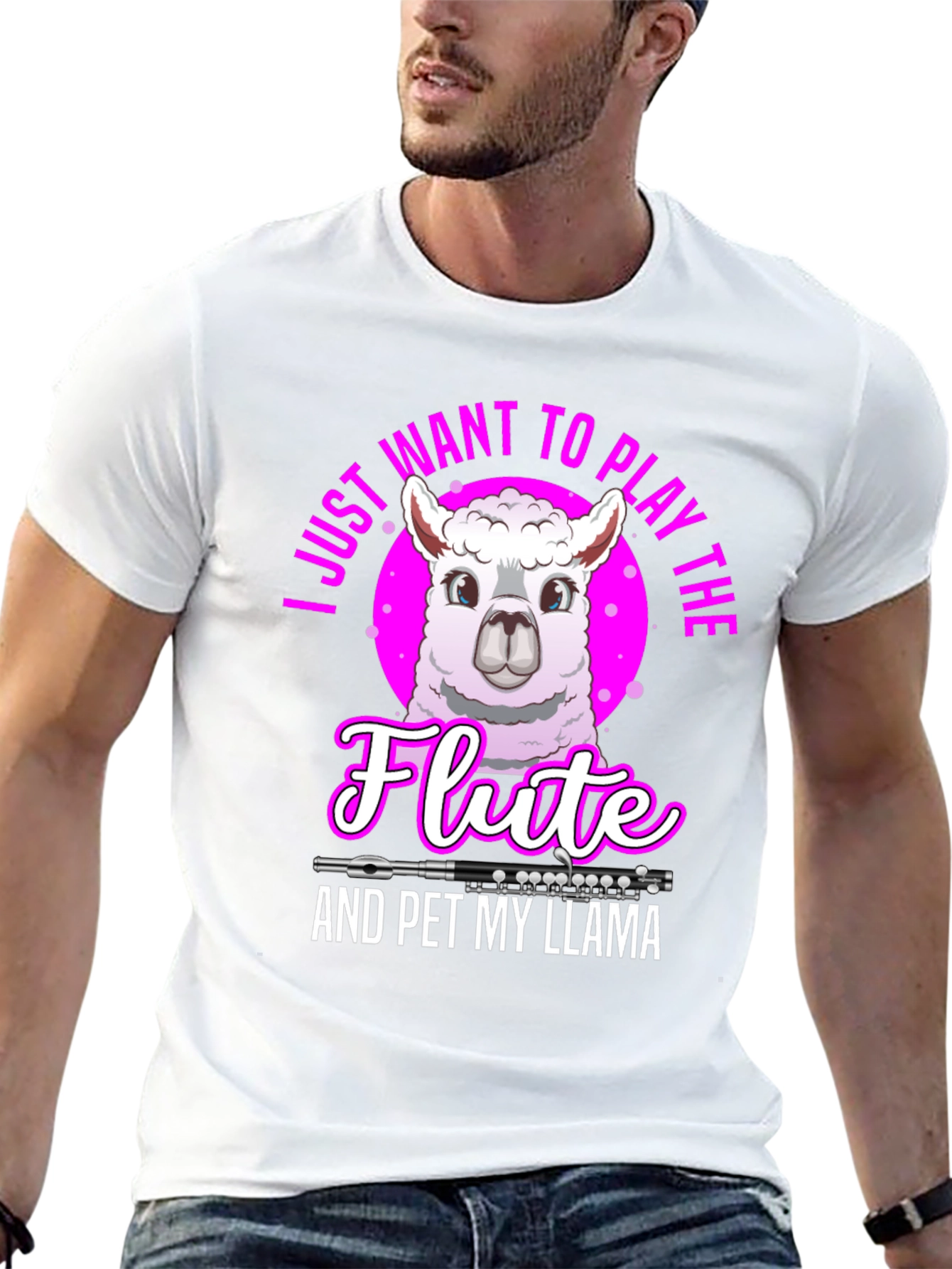 Funny Llama Flute Player Graphic T-Shirt