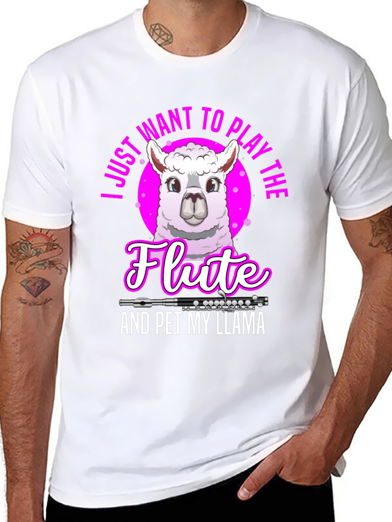 Funny Llama Flute Player Graphic T-Shirt