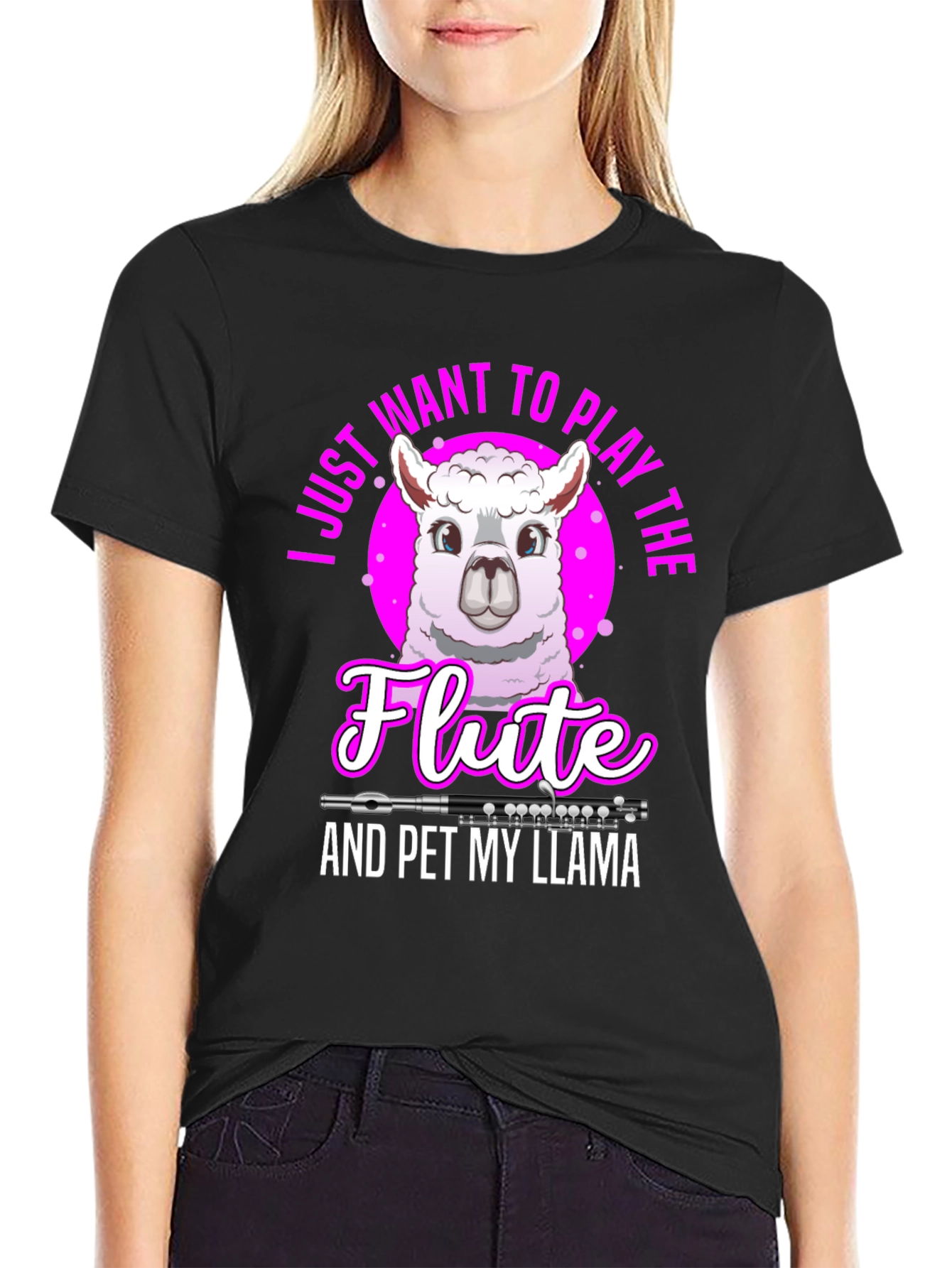 Funny Llama Flute Player Graphic T-Shirt