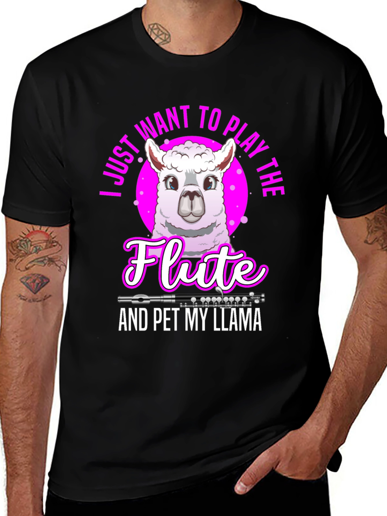 Funny Llama Flute Player Graphic T-Shirt