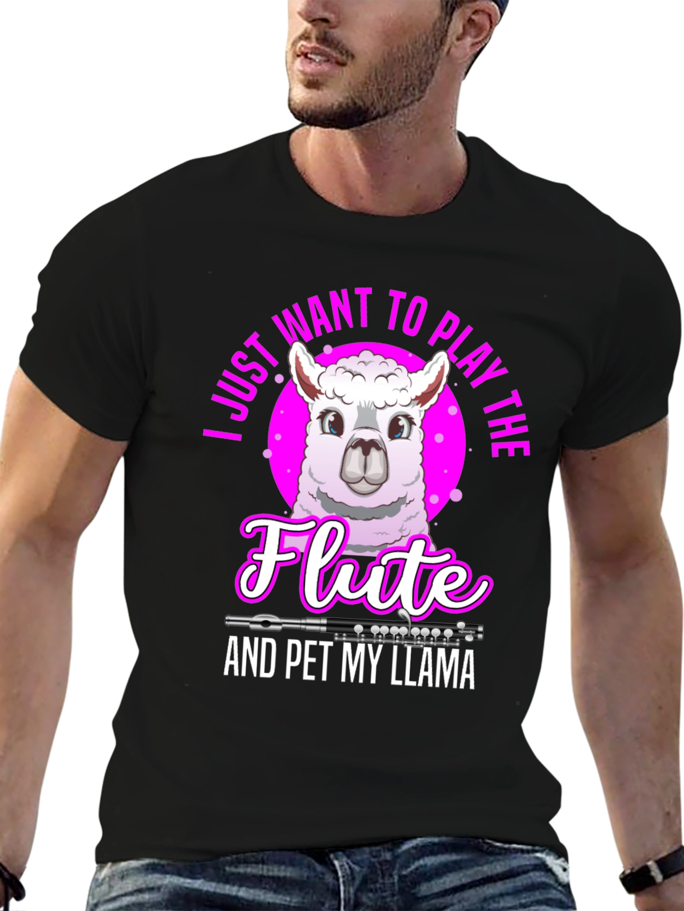 Funny Llama Flute Player Graphic T-Shirt