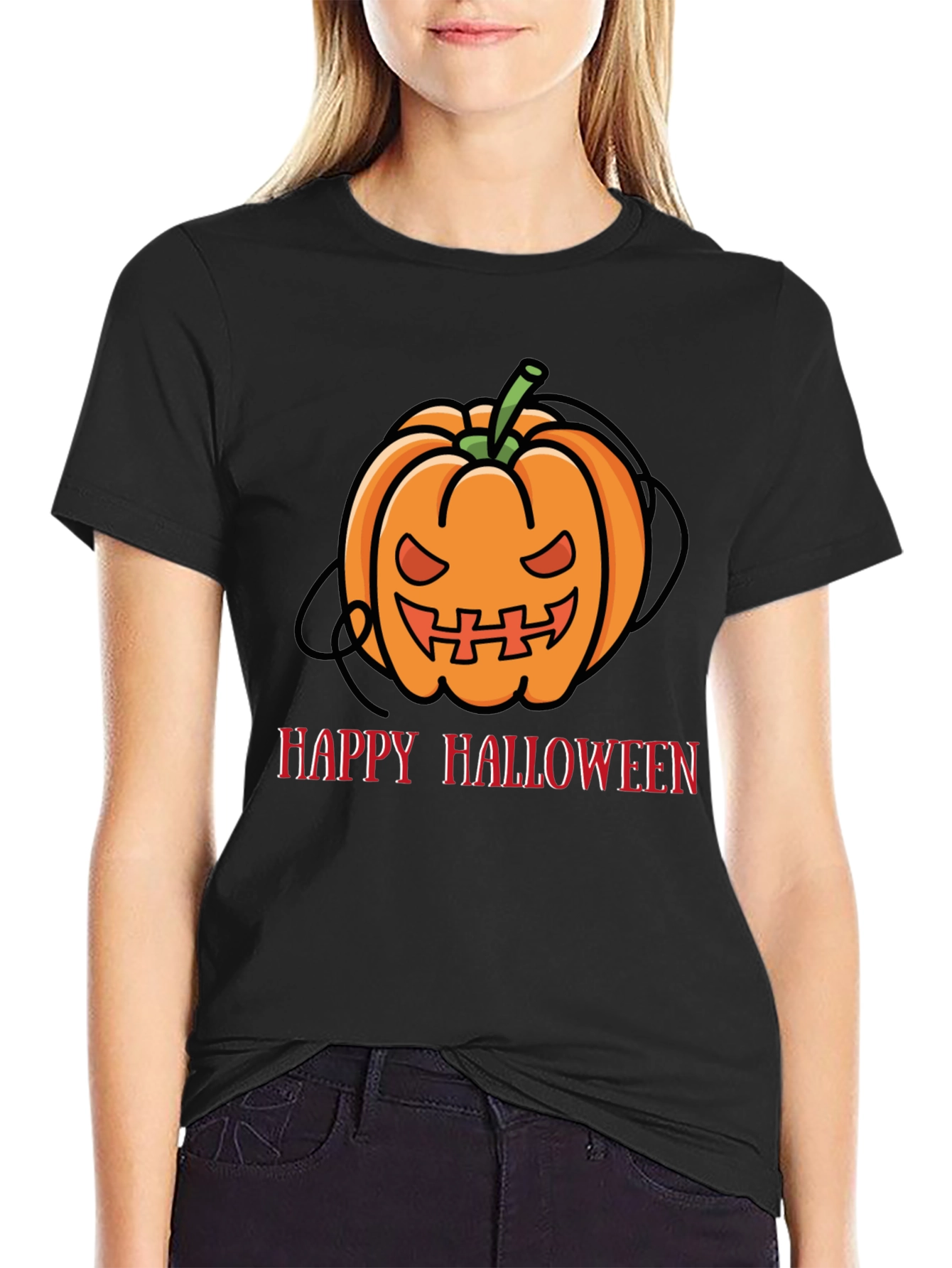Happy Halloween Pumpkin Graphic Tee - Black