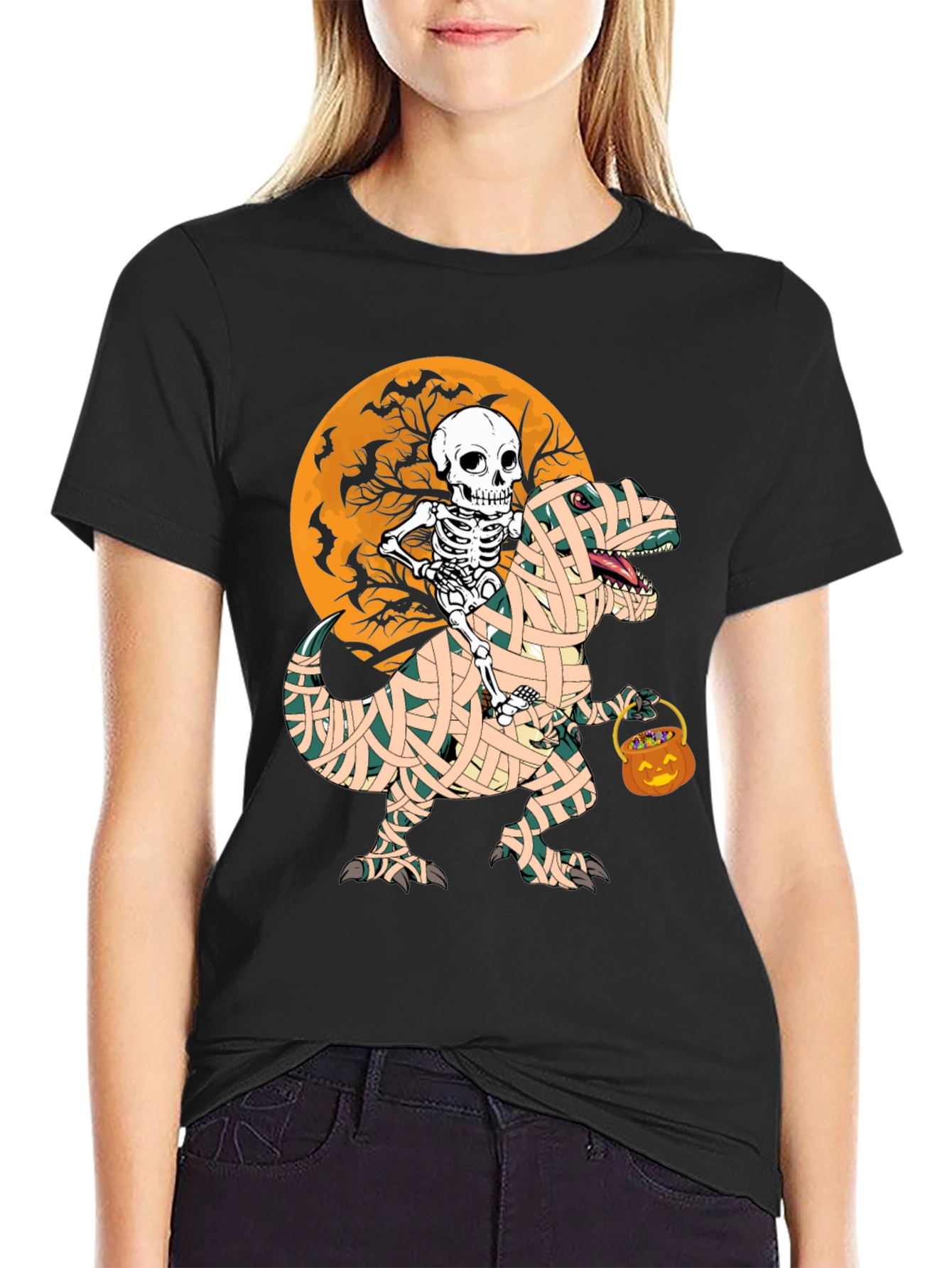 Halloween Skeleton Riding Mummy Dinosaur T-Shirt