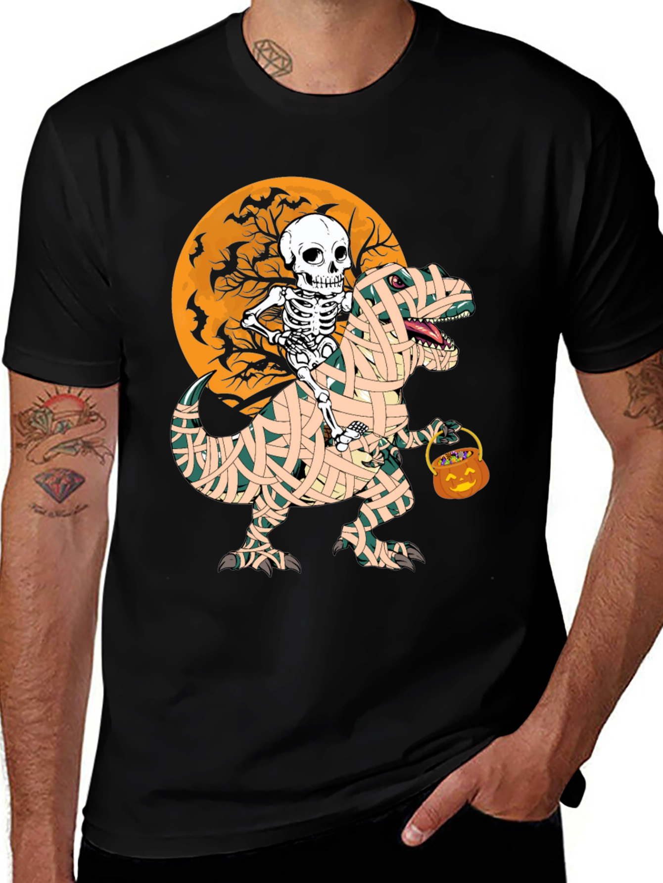 Halloween Skeleton Riding Mummy Dinosaur T-Shirt