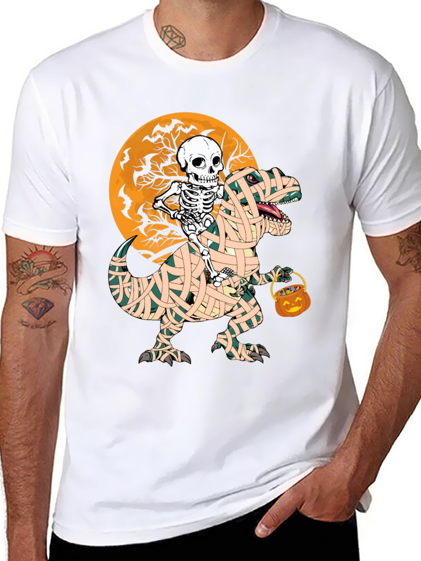 Halloween Skeleton Riding Mummy Dinosaur T-Shirt