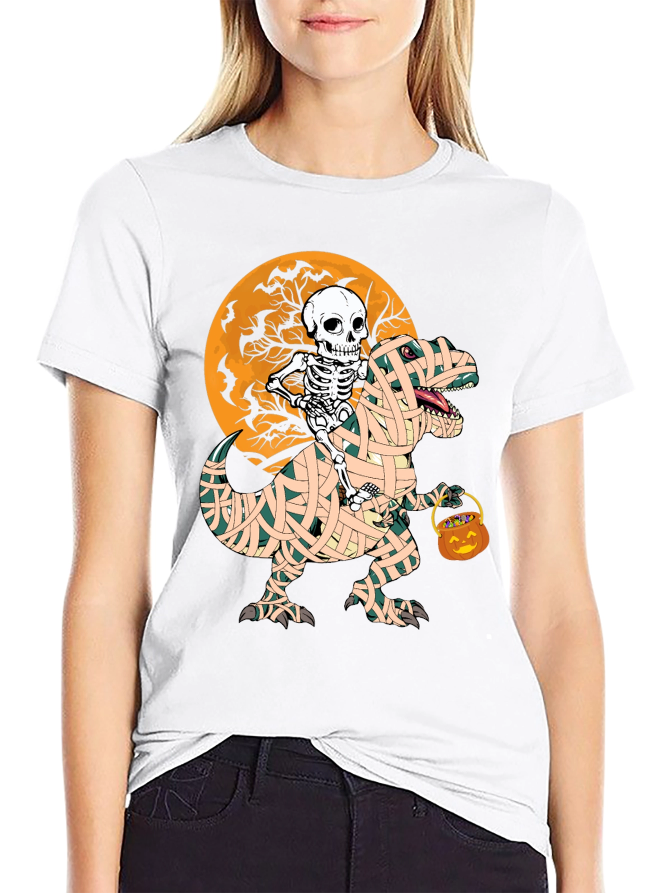 Halloween Skeleton Riding Mummy Dinosaur T-Shirt