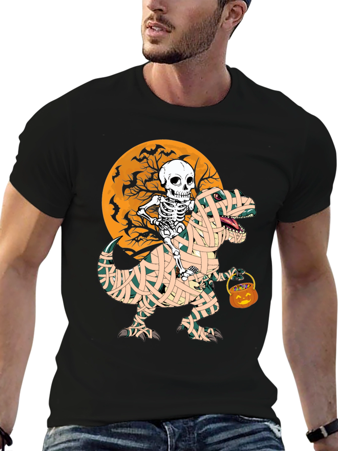 Halloween Skeleton Riding Mummy Dinosaur T-Shirt