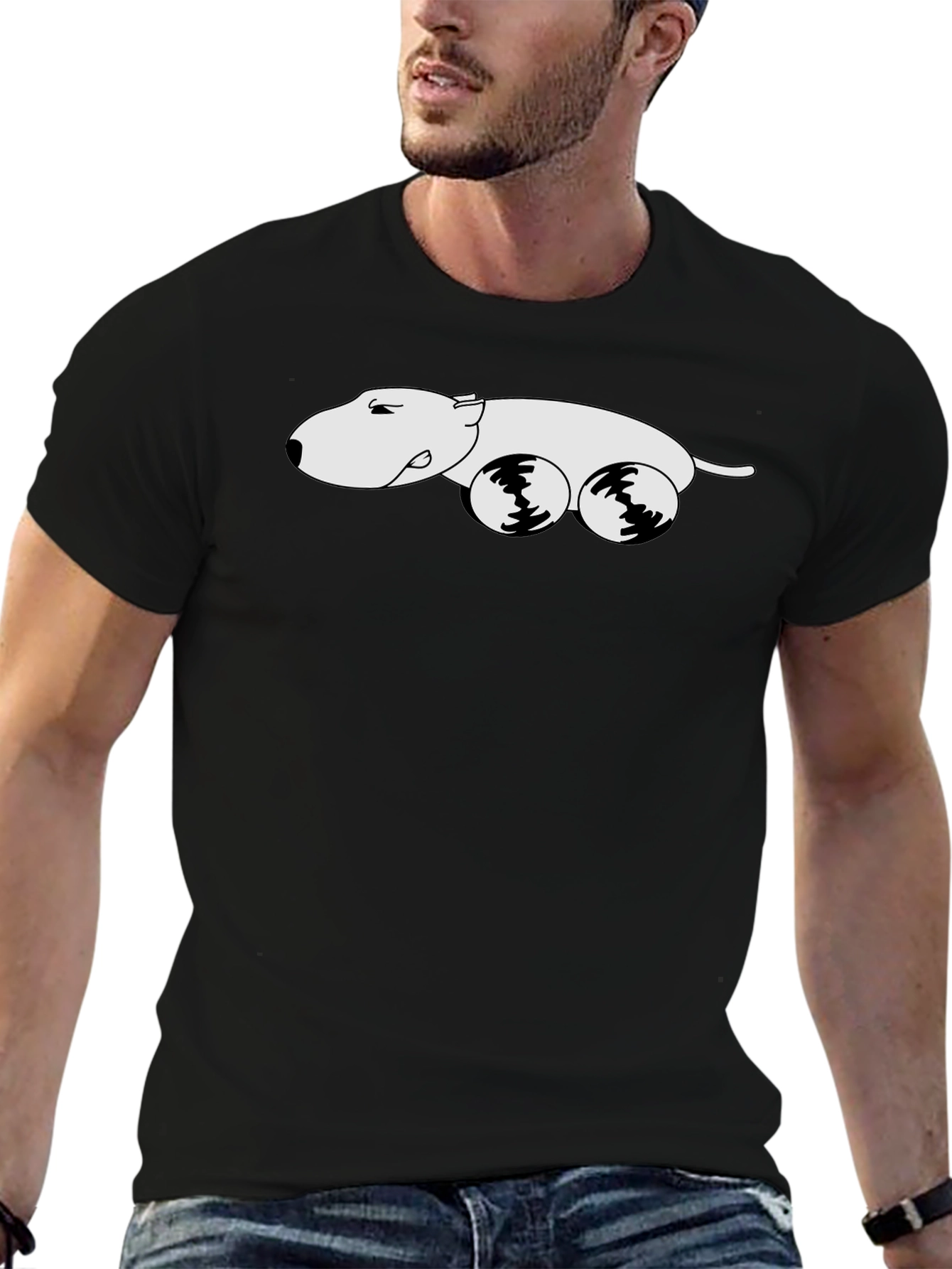 Black Tee with Cartoon Dog Car Graphic