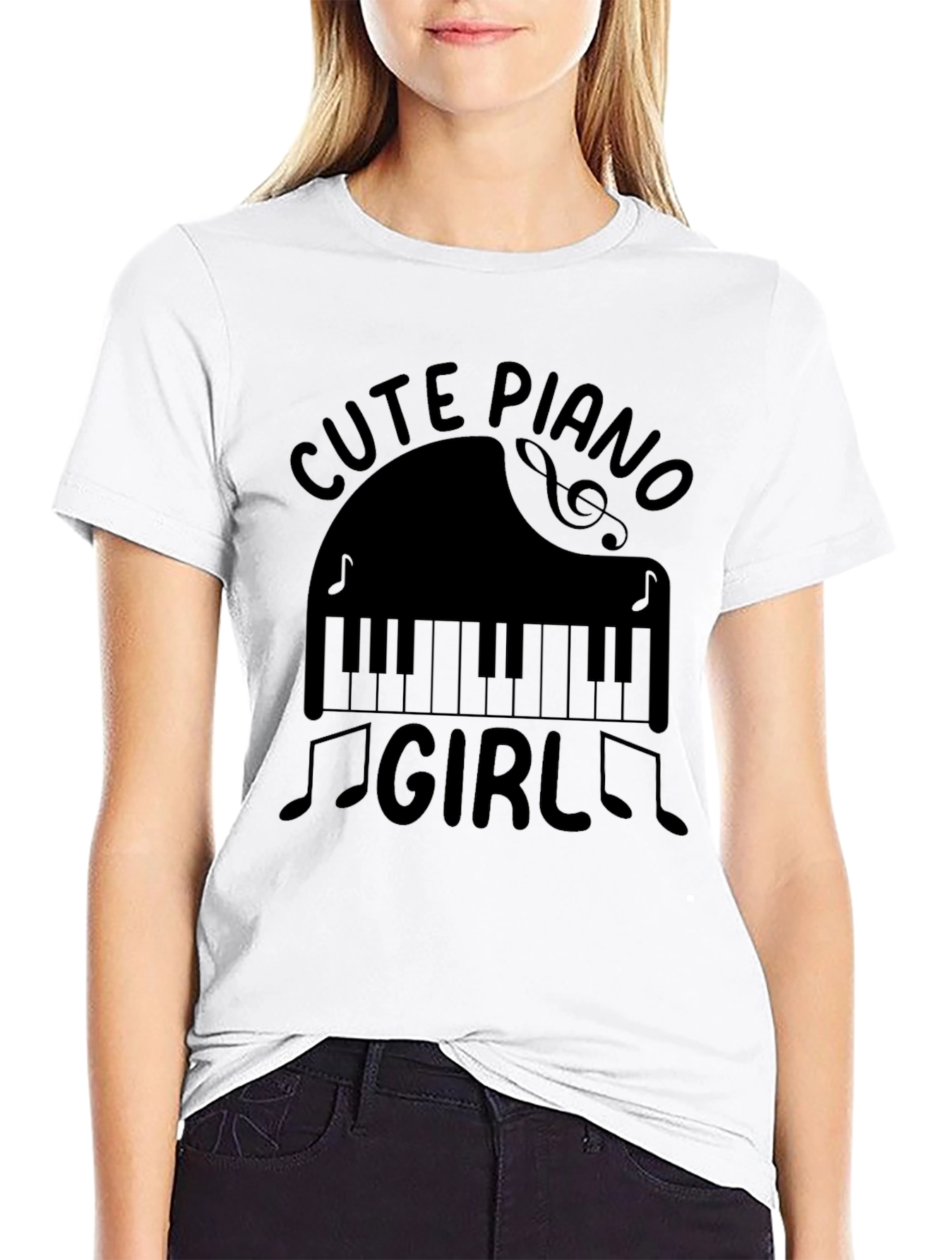 Cute Piano Girl Black T-Shirt