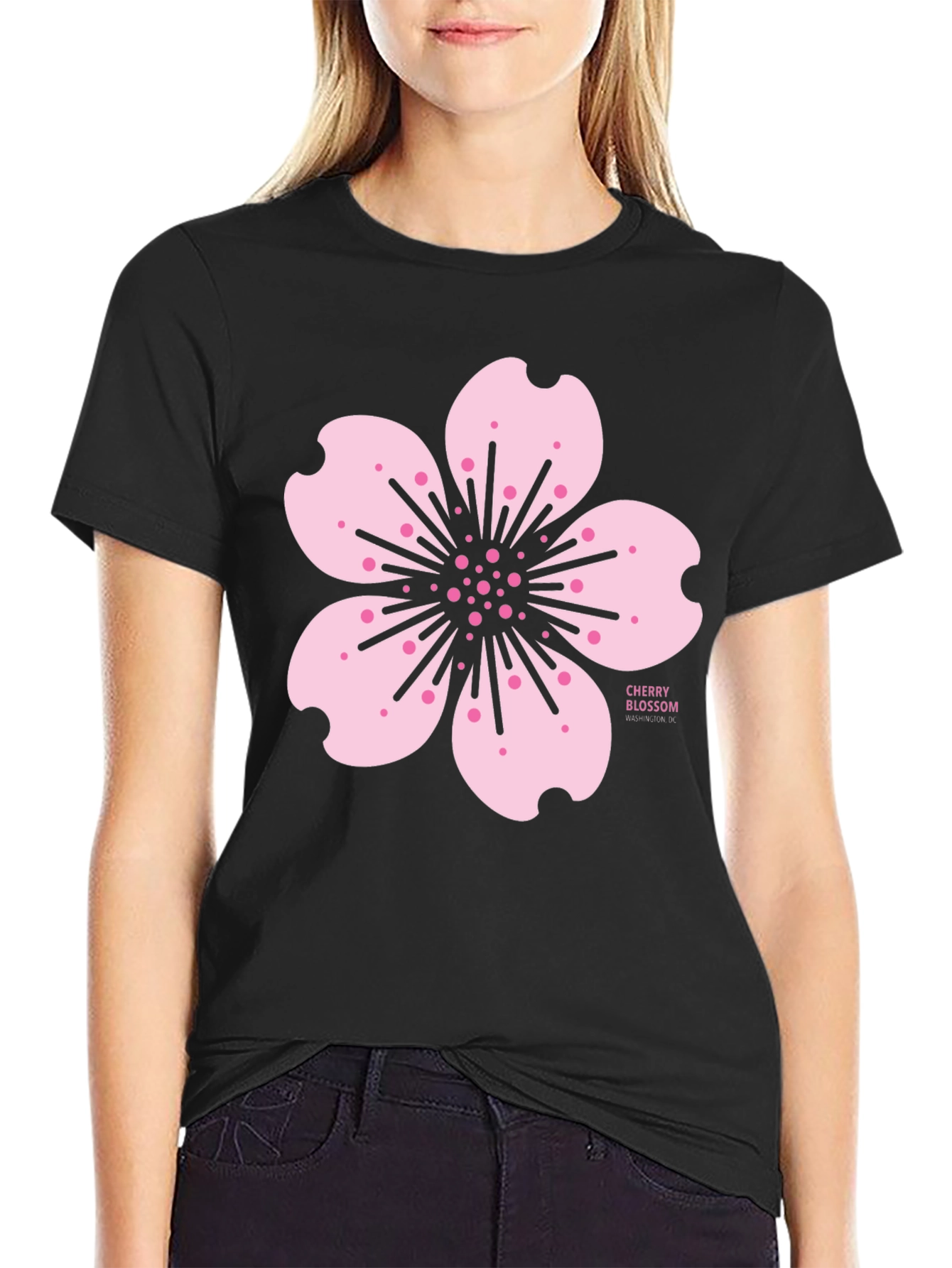 Cherry Blossom Graphic Tee - Black Cotton T-Shirt