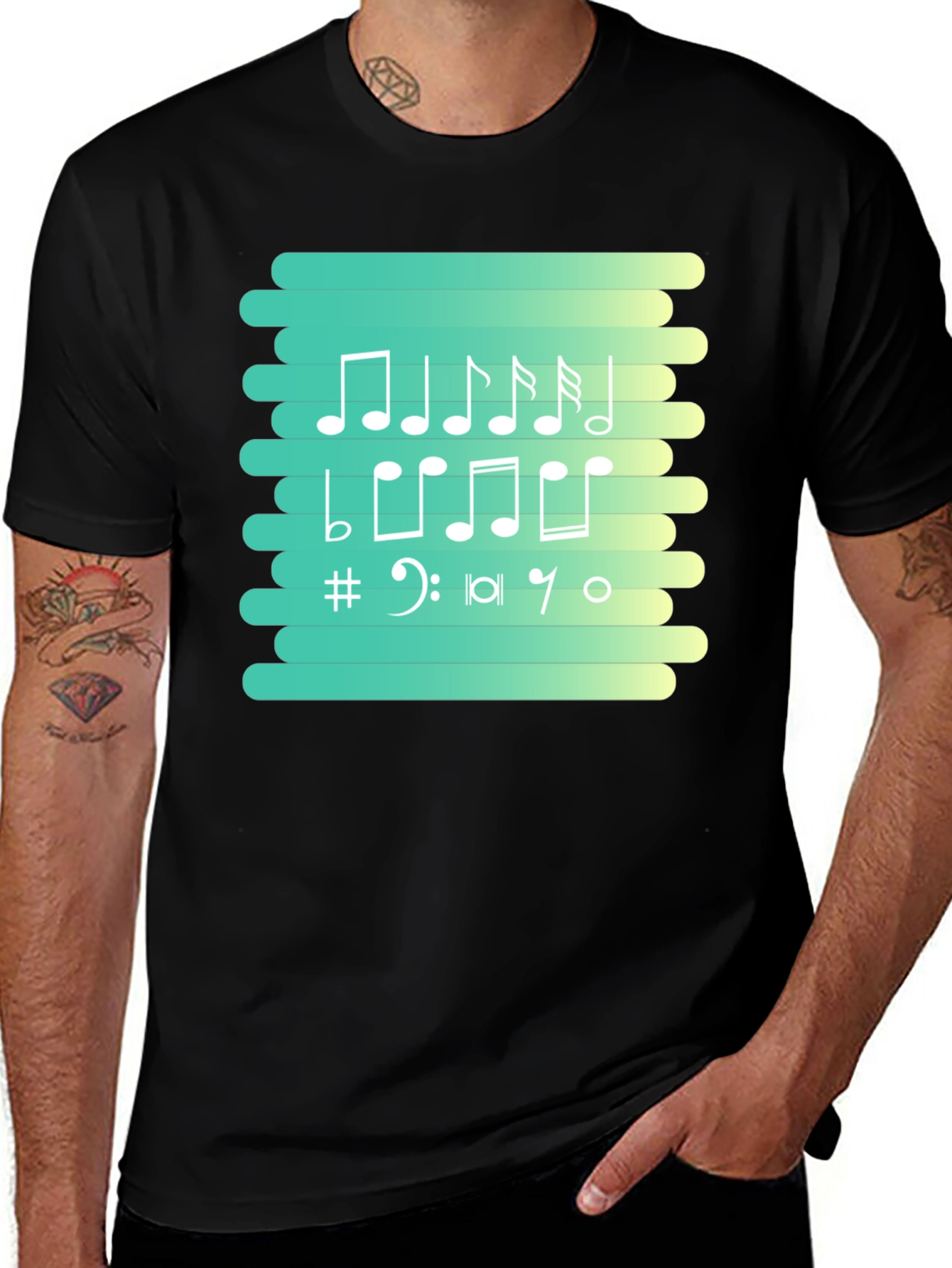 Musical Notes Graphic Tee - Black Cotton T-Shirt