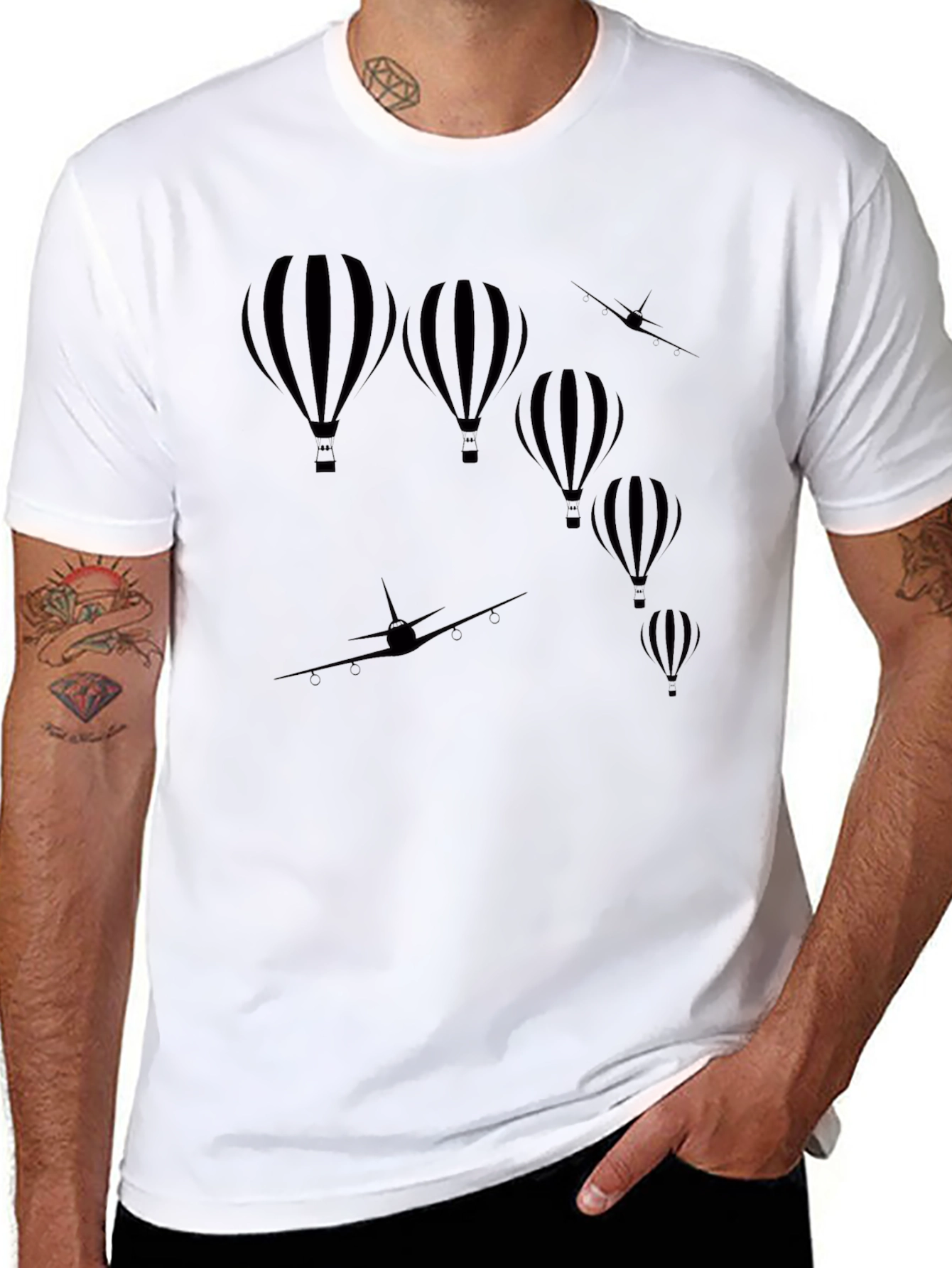 Black Hot Air Balloon & Airplane Graphic Tee