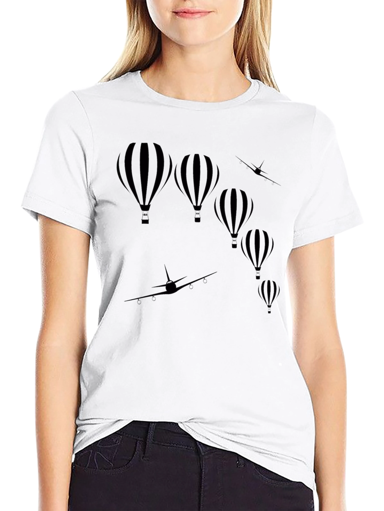 Black Hot Air Balloon & Airplane Graphic Tee