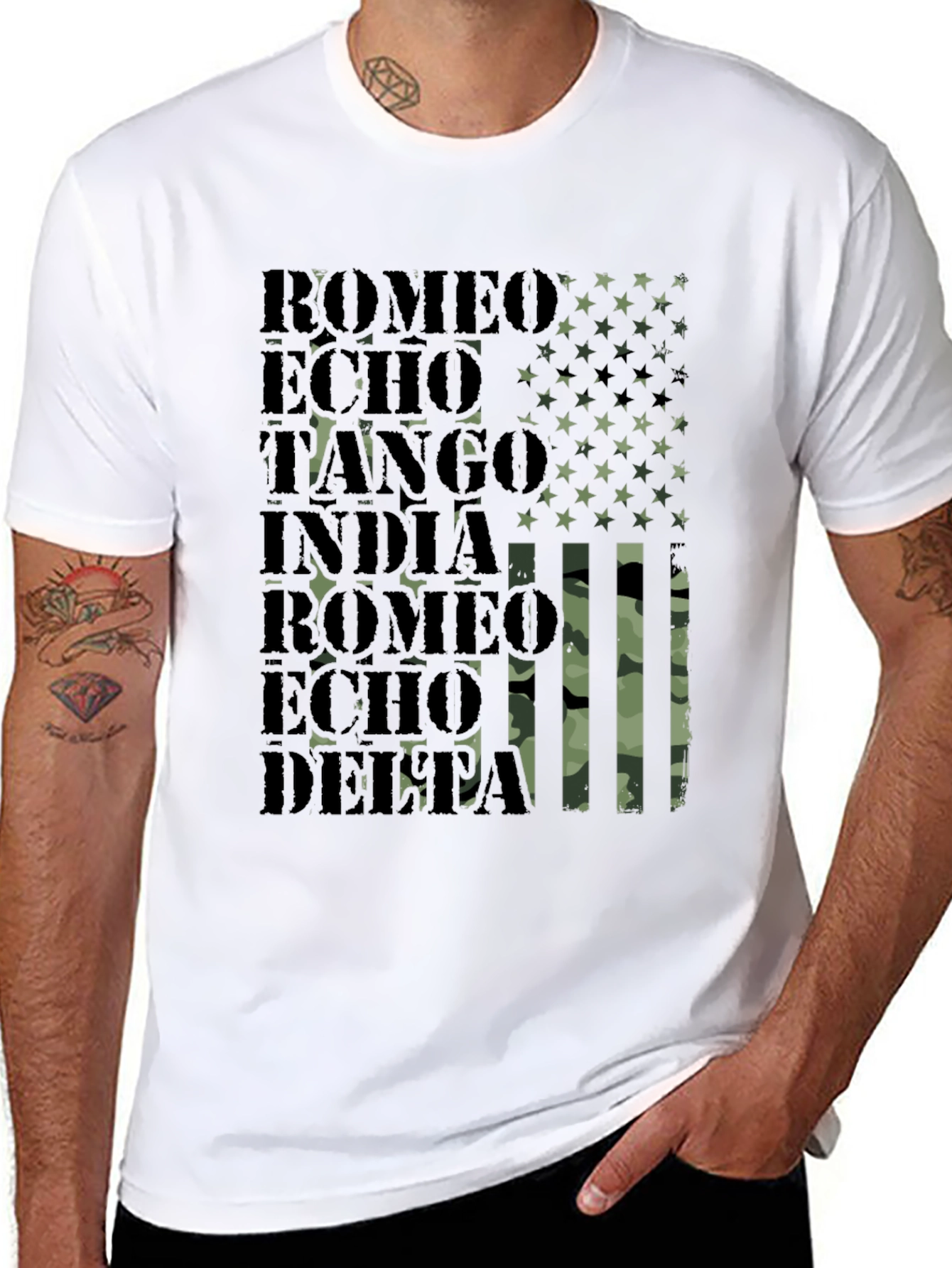 Military Alphabet Camo Mens Black T-Shirt