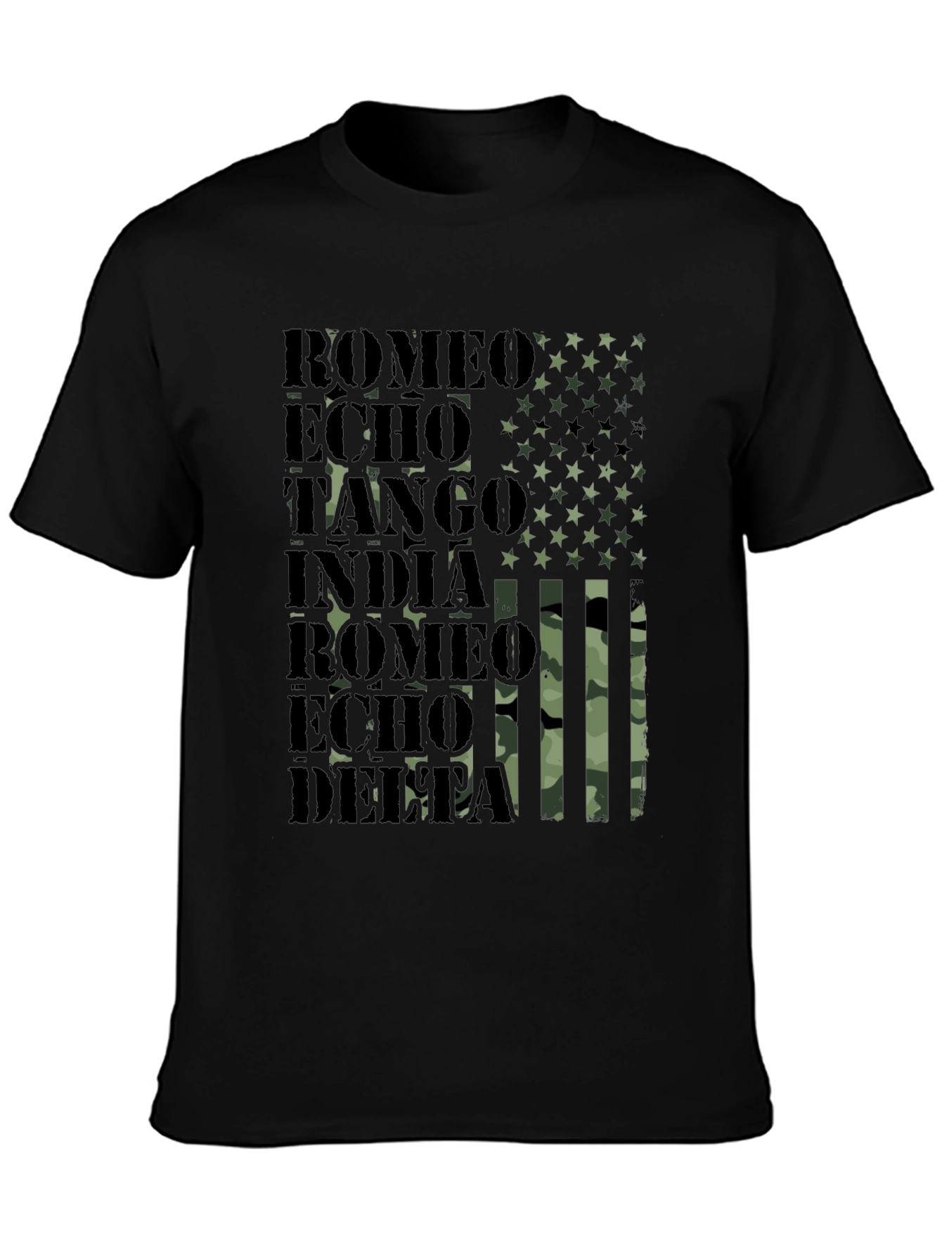 Military Alphabet Camo Mens Black T-Shirt