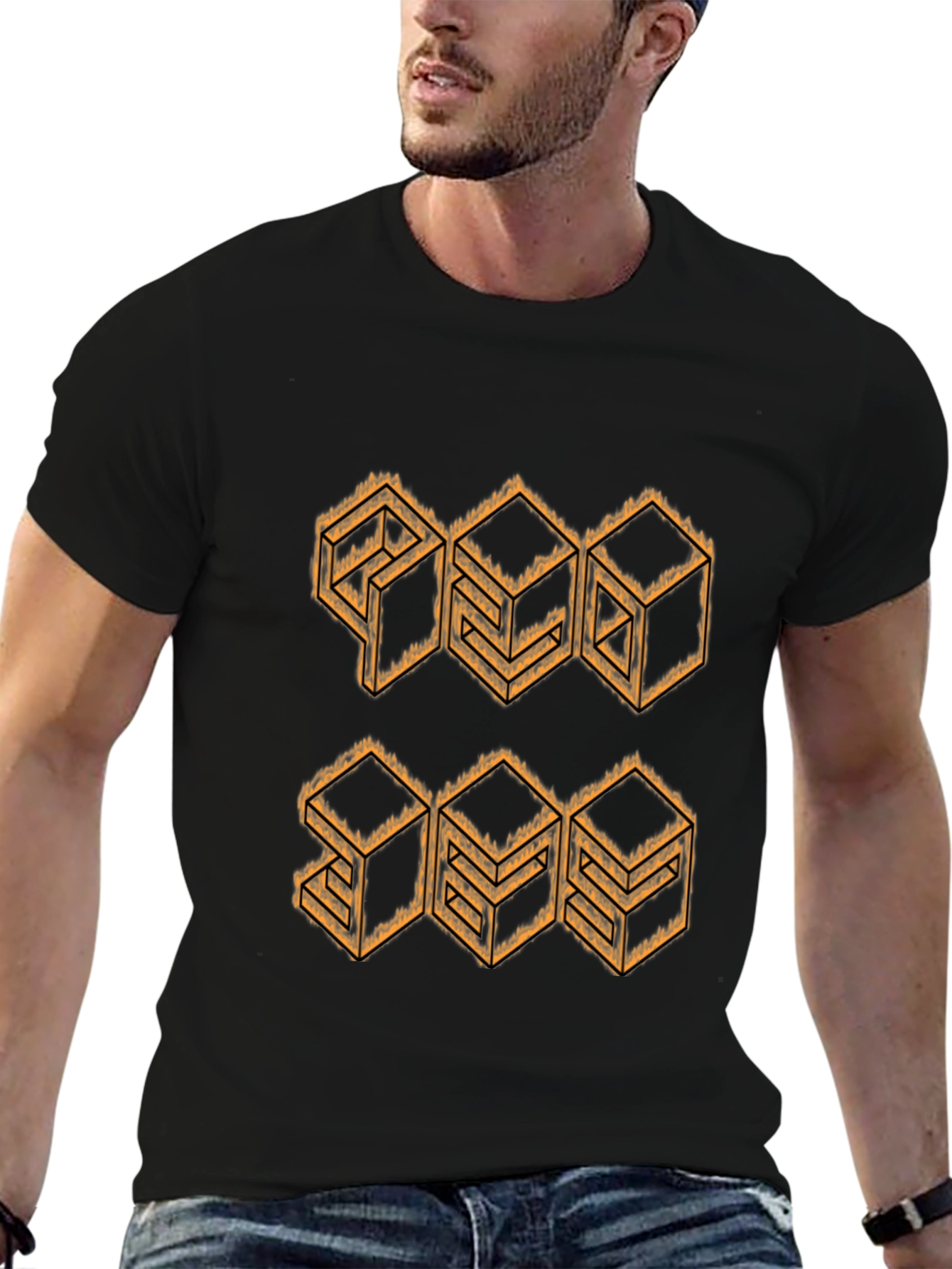 Geometric Cube Design Black T-Shirt