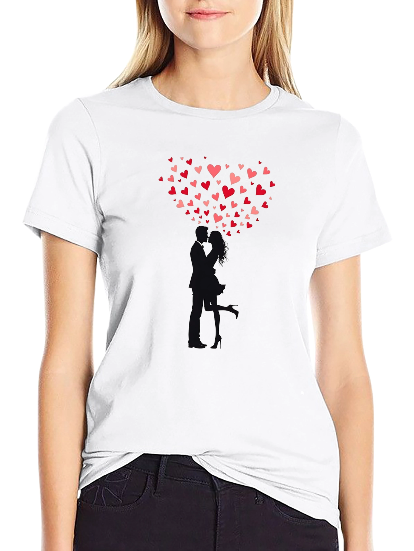 Heart Kiss Graphic Tee - Romantic Black T-Shirt