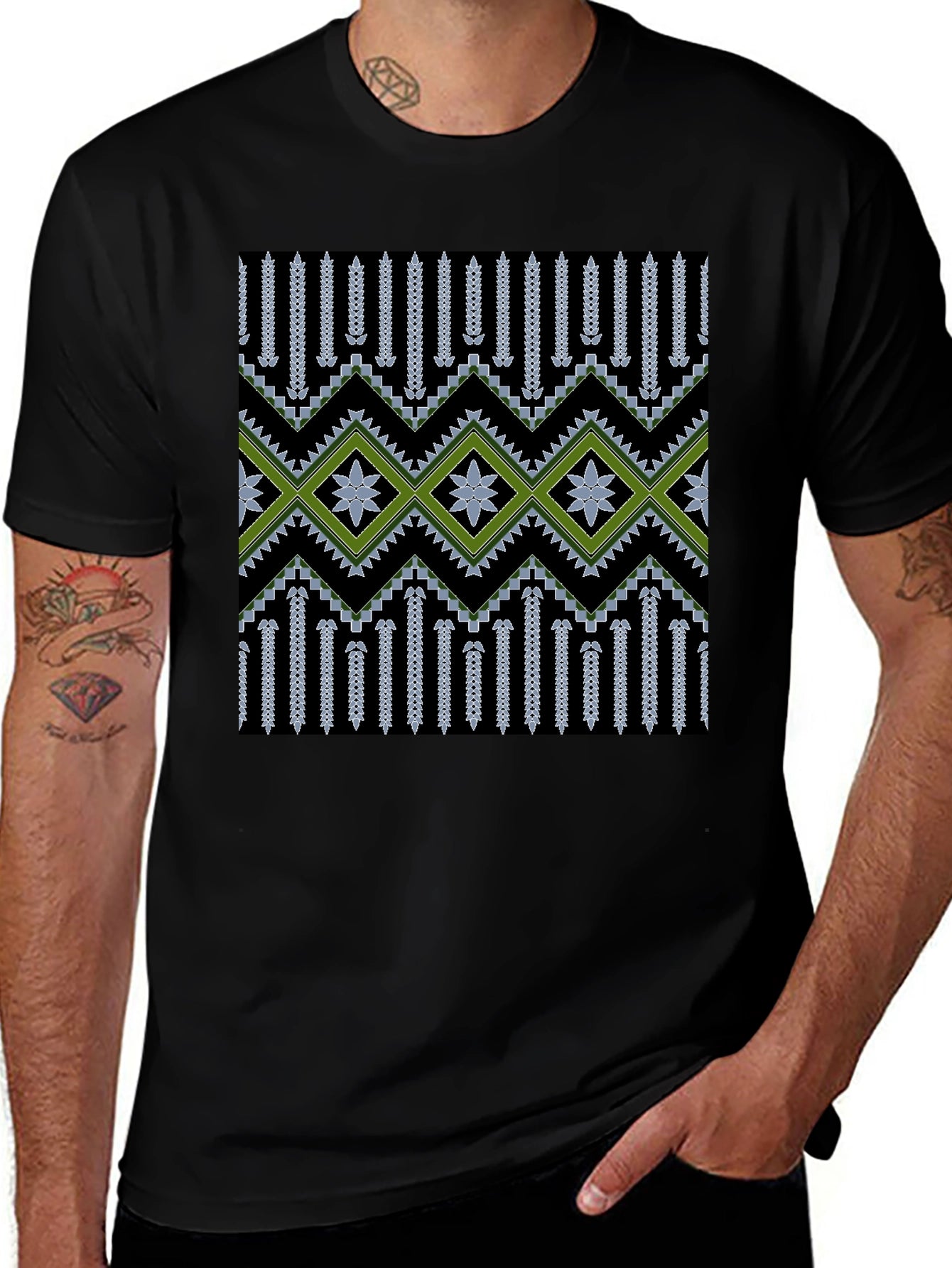 Stylish Geometric Patterned Mens Black Tee