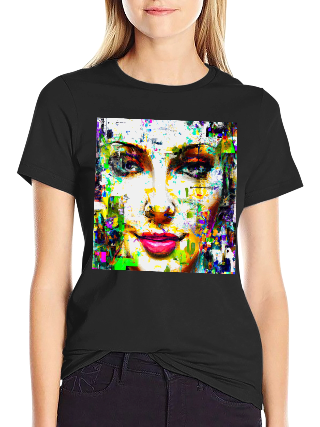 Abstract Woman Face Art Print Black T-Shirt