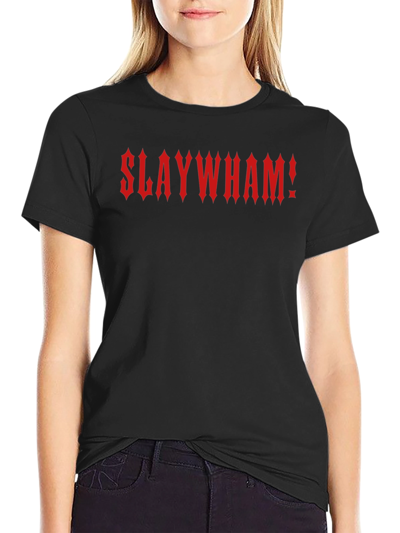 Slaywham! Gothic Red Text Black T-Shirt