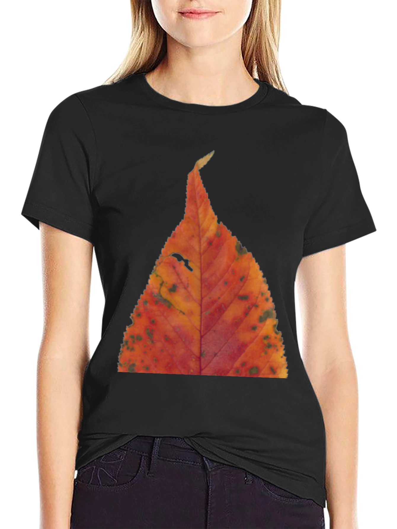 Fall Leaf Print Black T-Shirt