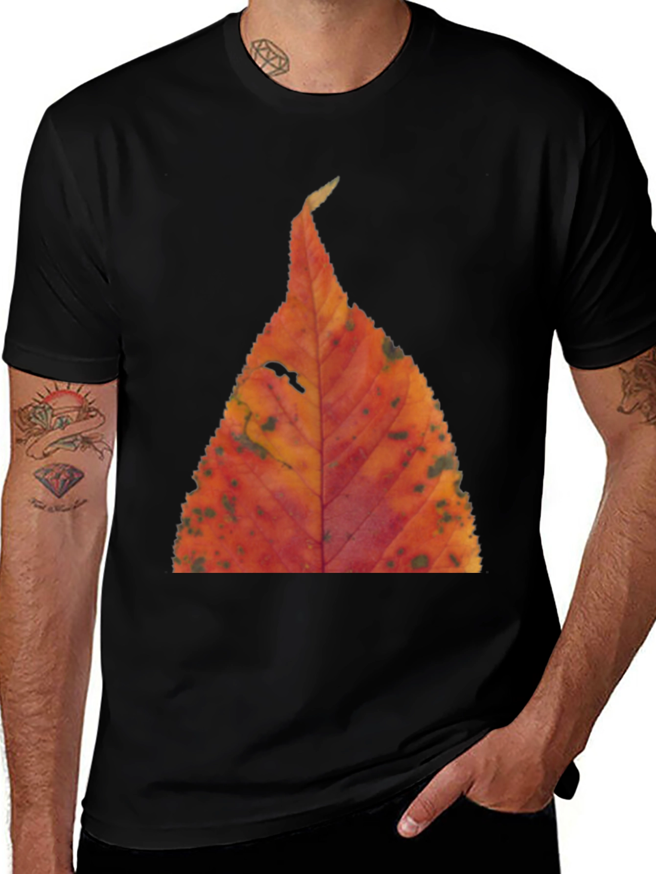 Fall Leaf Print Black T-Shirt