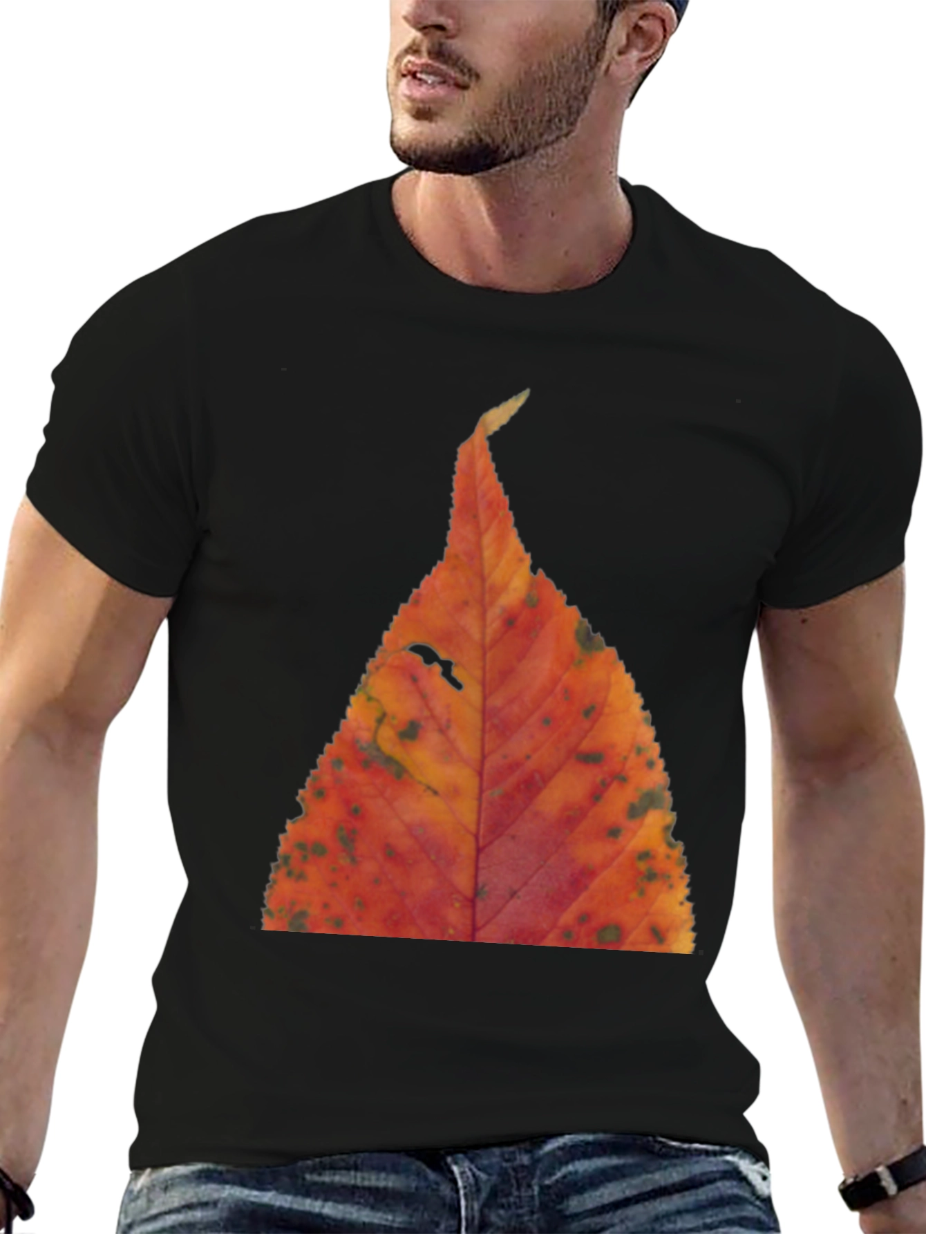 Fall Leaf Print Black T-Shirt