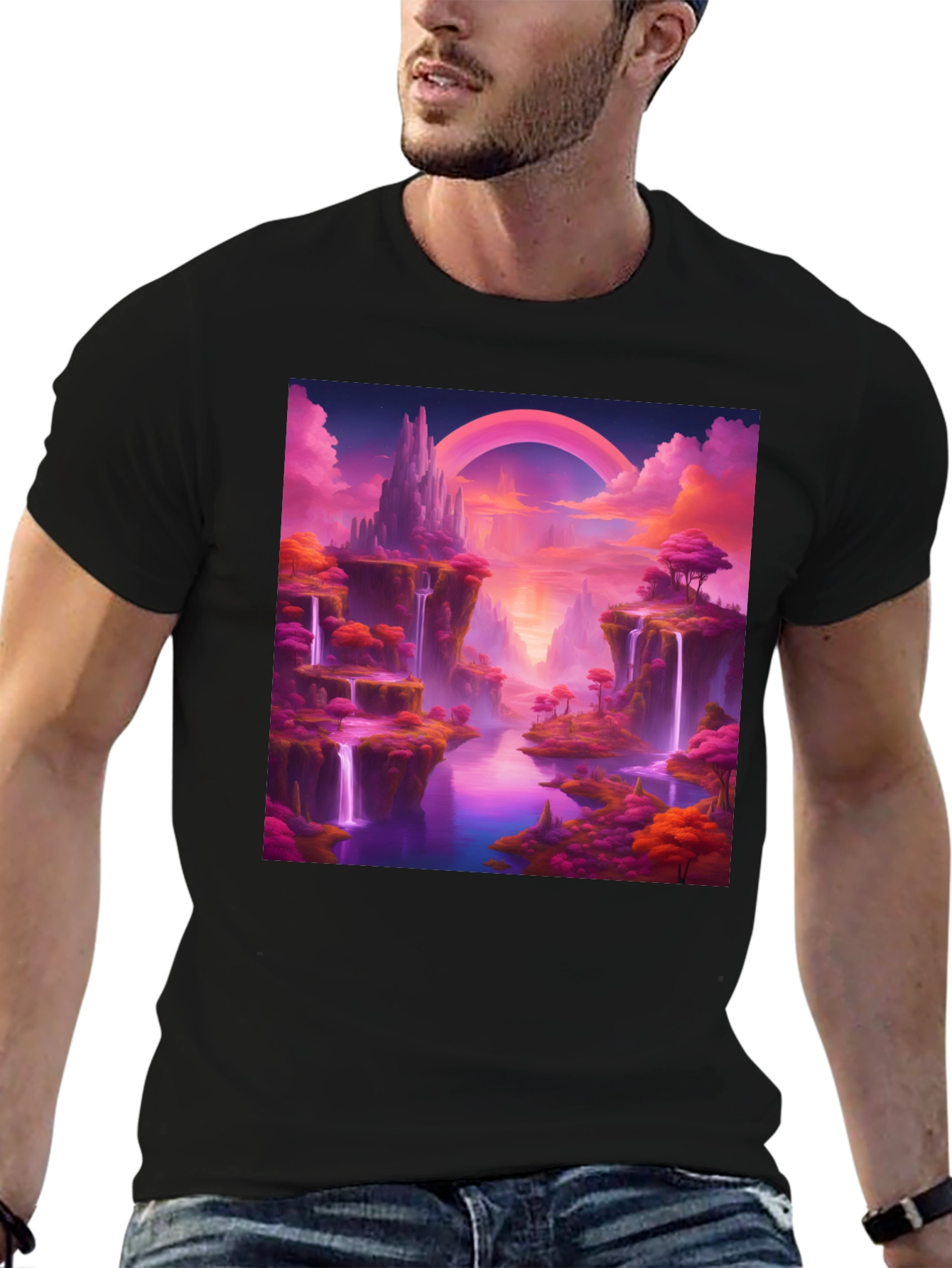 Fantasy Landscape Graphic Tee - Magical Pink Waterfall Design