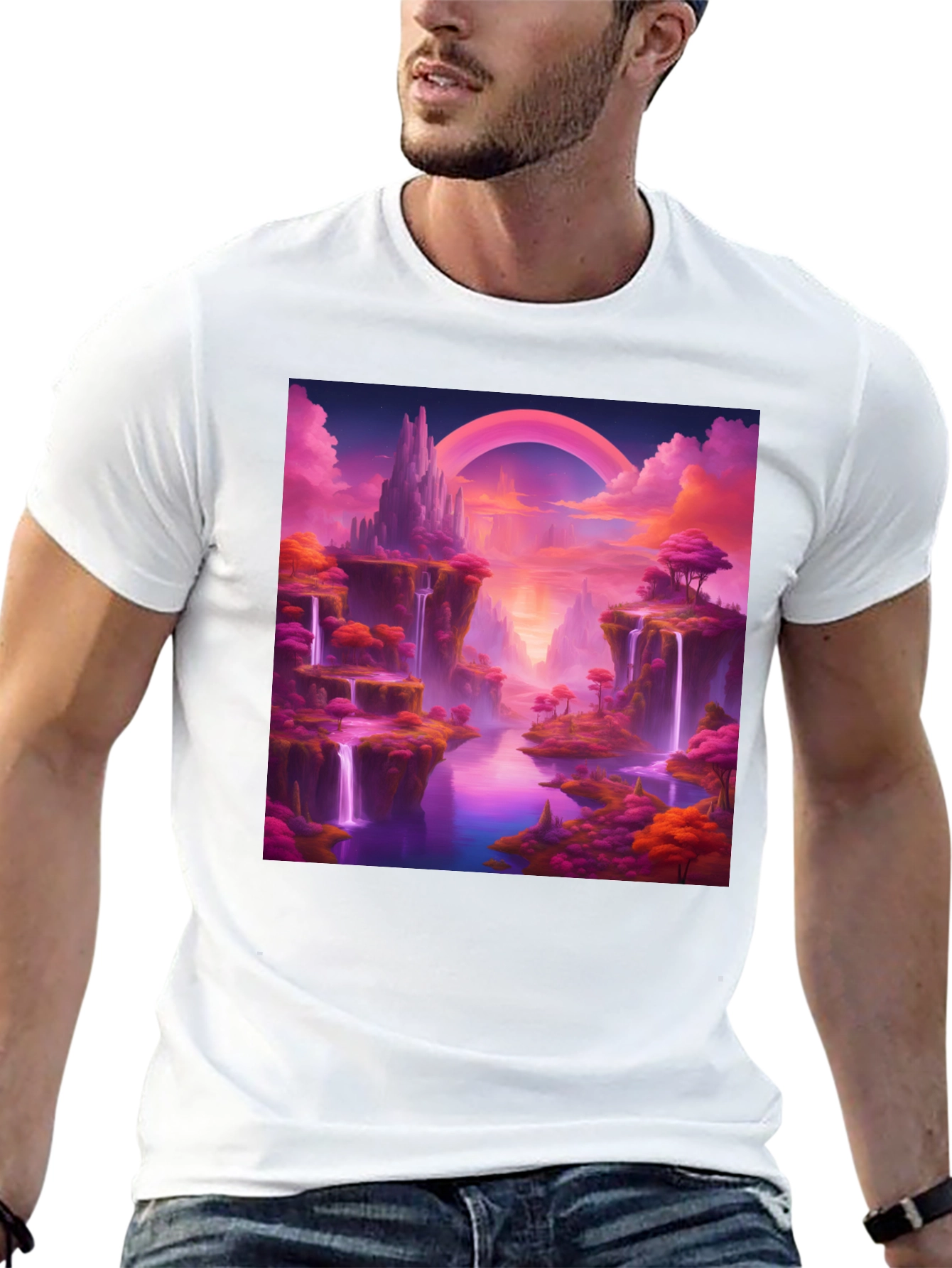 Fantasy Landscape Graphic Tee - Magical Pink Waterfall Design
