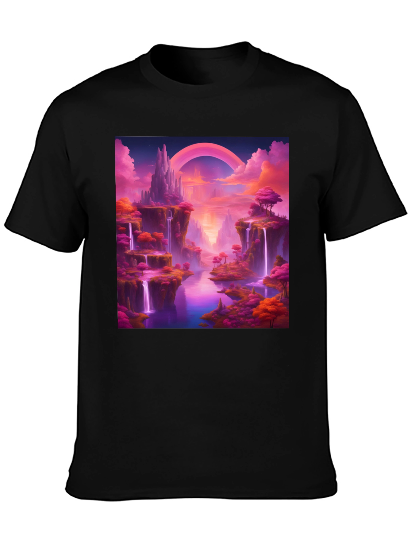 Fantasy Landscape Graphic Tee - Magical Pink Waterfall Design