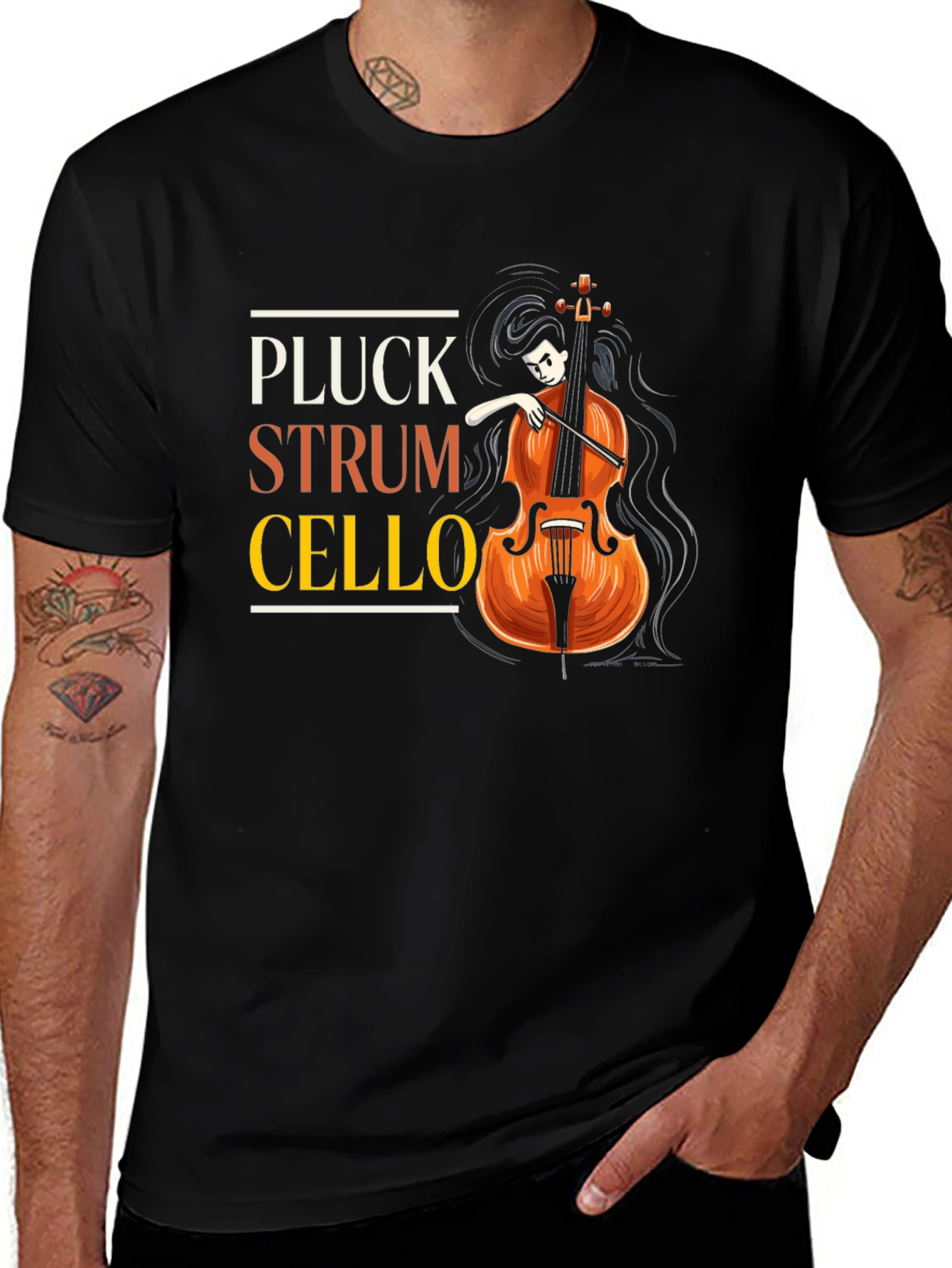 Pluck Strum Cello Black Graphic Tee