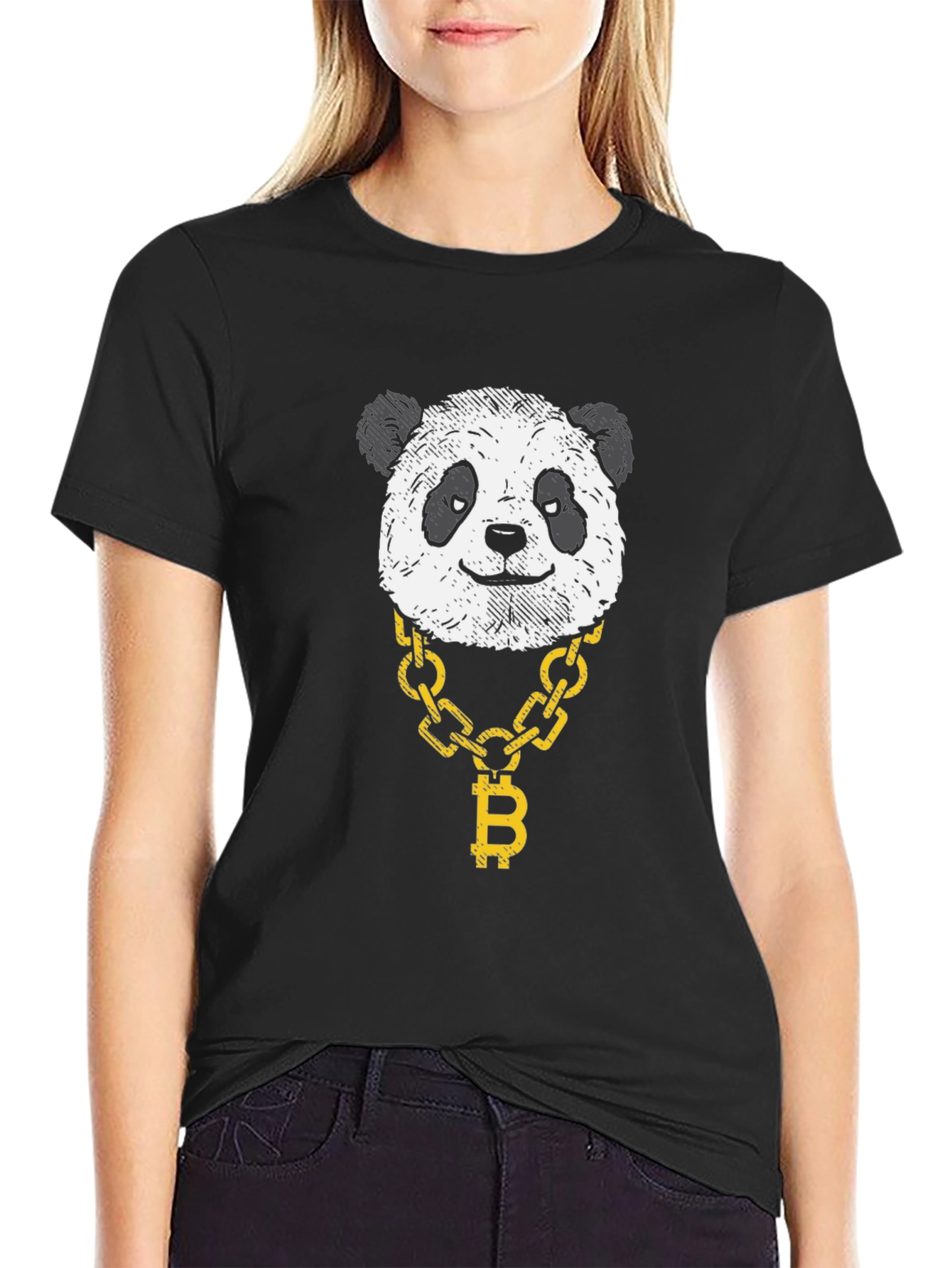 Panda Bitcoin Chain Graphic Tee - Black Cotton
