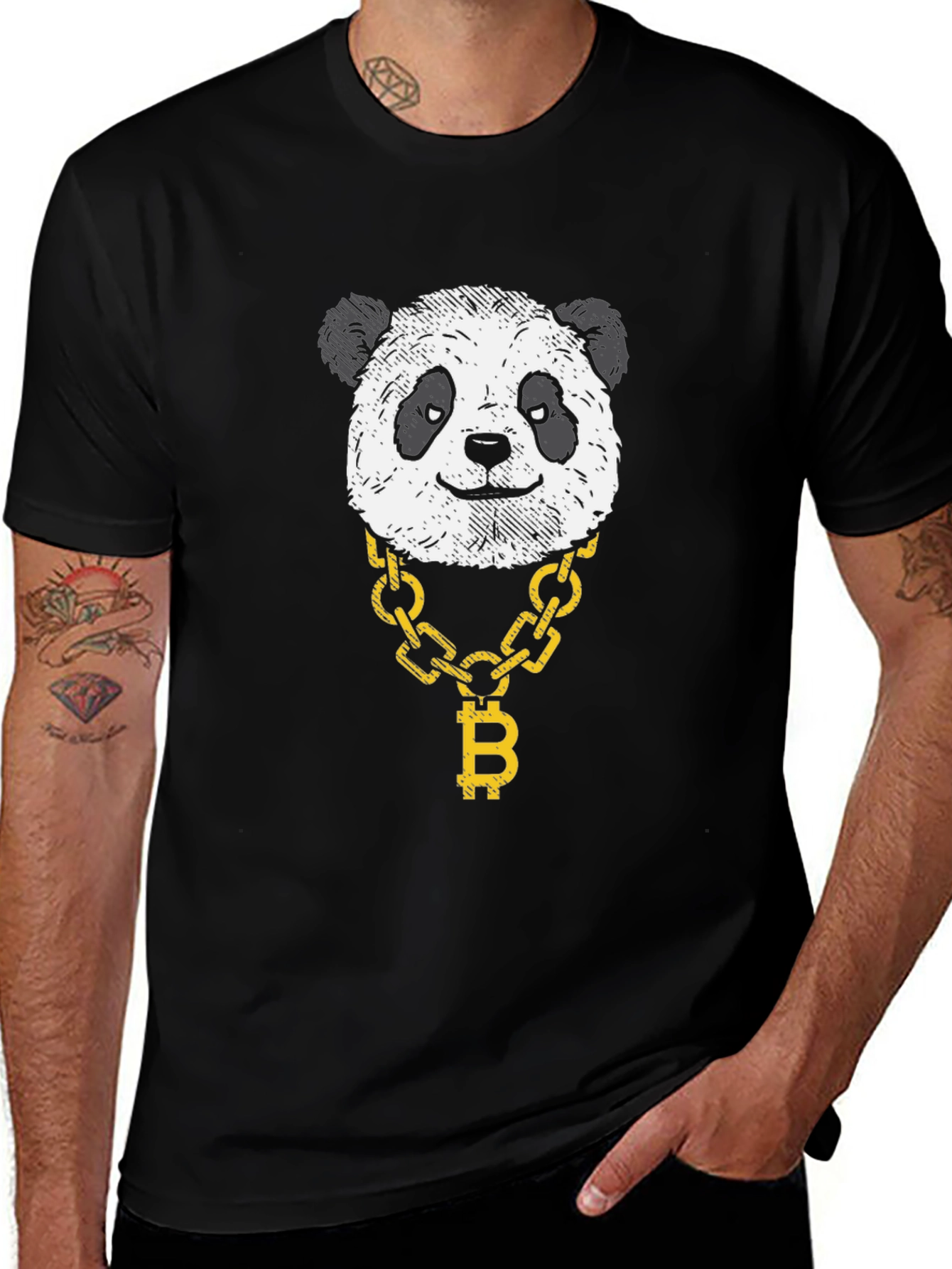 Panda Bitcoin Chain Graphic Tee - Black Cotton