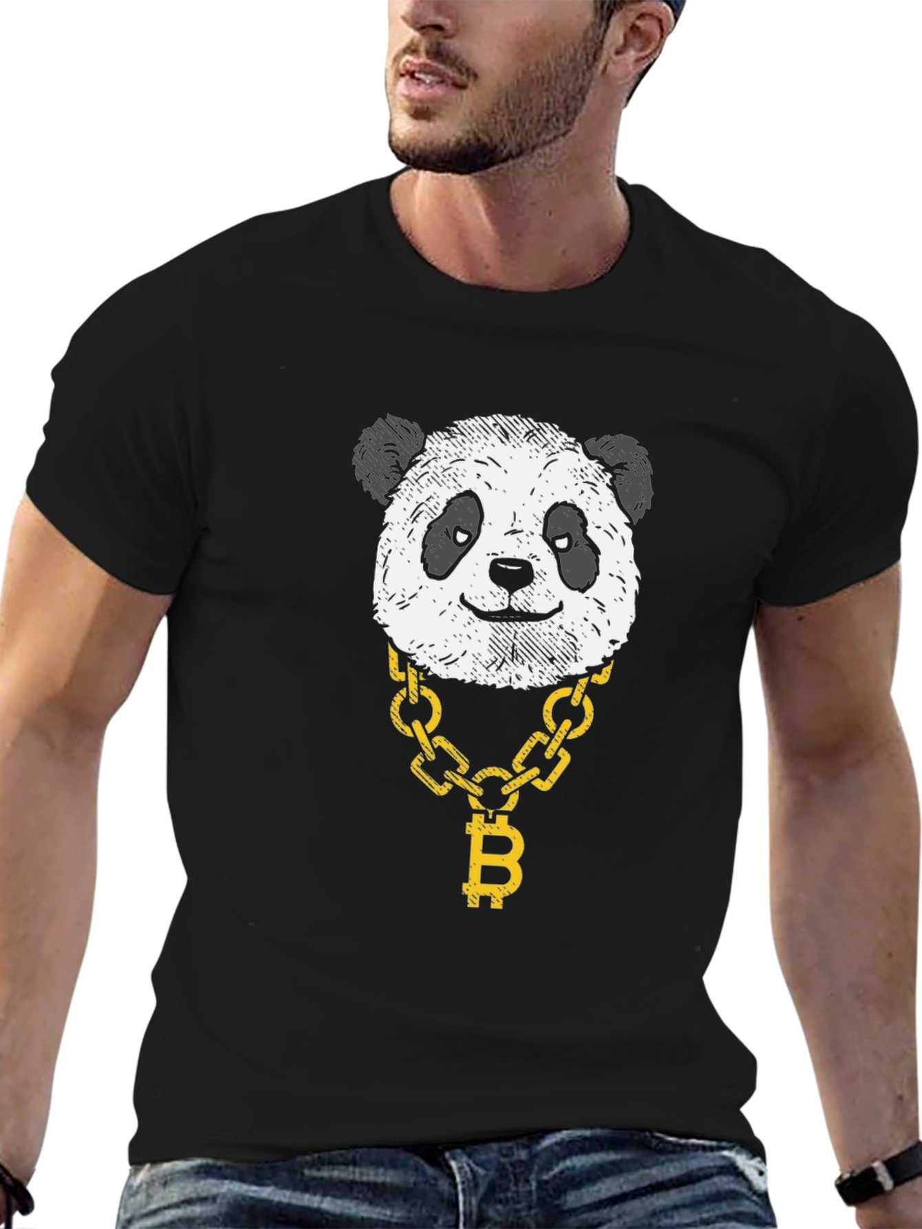 Panda Bitcoin Chain Graphic Tee - Black Cotton