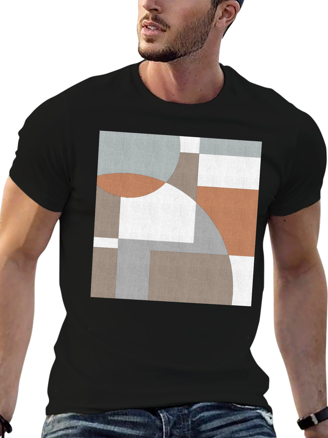 Abstract Geometric Circle Pattern Black T-Shirt