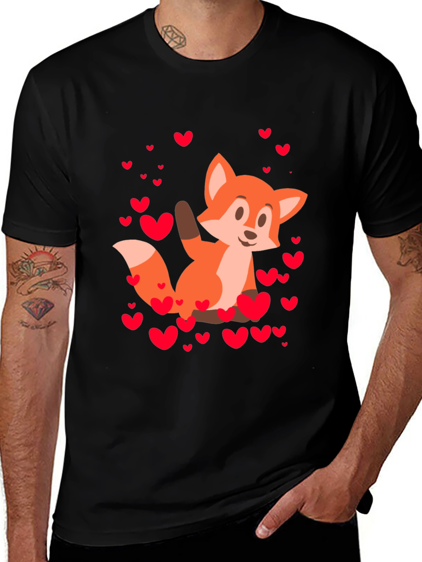 Fox & Hearts Graphic Black T-Shirt