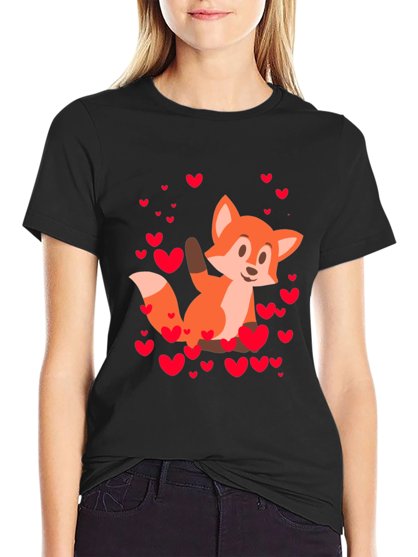 Fox & Hearts Graphic Black T-Shirt