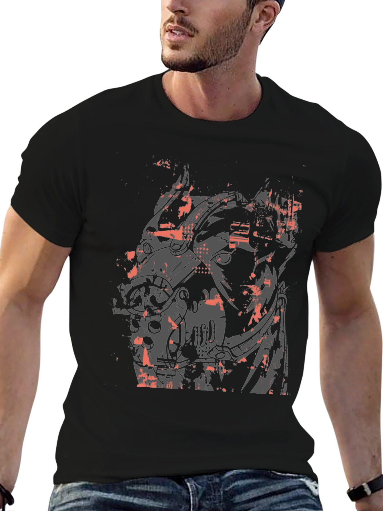 Cyberpunk Horse Graphic Tee - Black Cotton T-Shirt